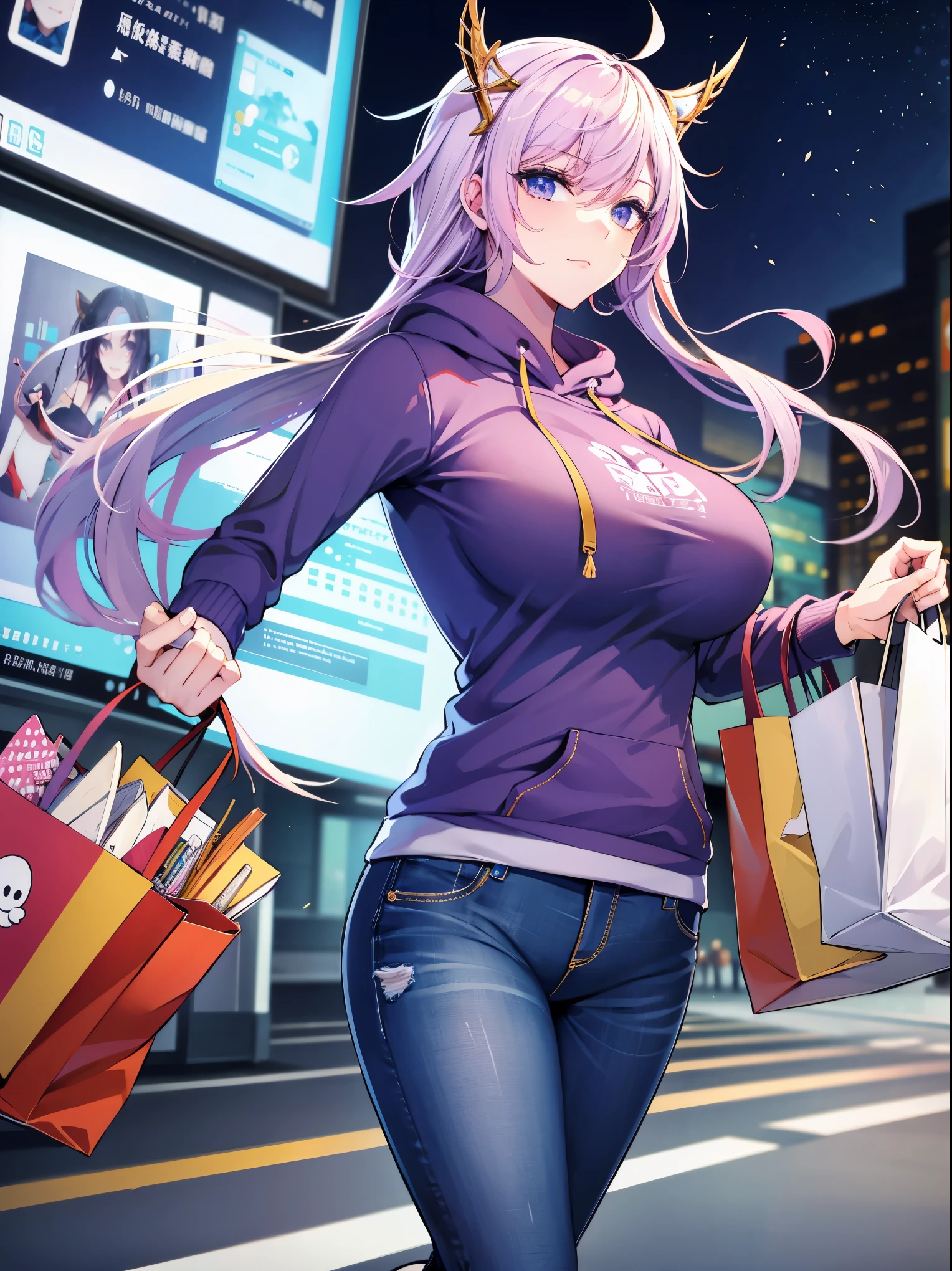 Tang Wutong, big boobs, wearing a hoodie and jeans, walking the streets, holding a shopping bag