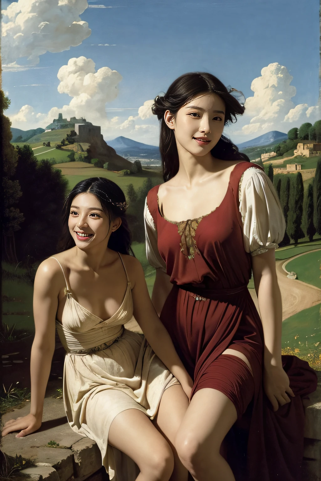 Ancient Roman landscape in the style of Poussin,A smile,,Sweet and seductive appearance.、Caravaggio's paintings、Chiaroscuro of Caravaggio、Hair disheveled in the wind,Two women frolicking,Cute smile, Expression of ecstasy,A sexy,erotick