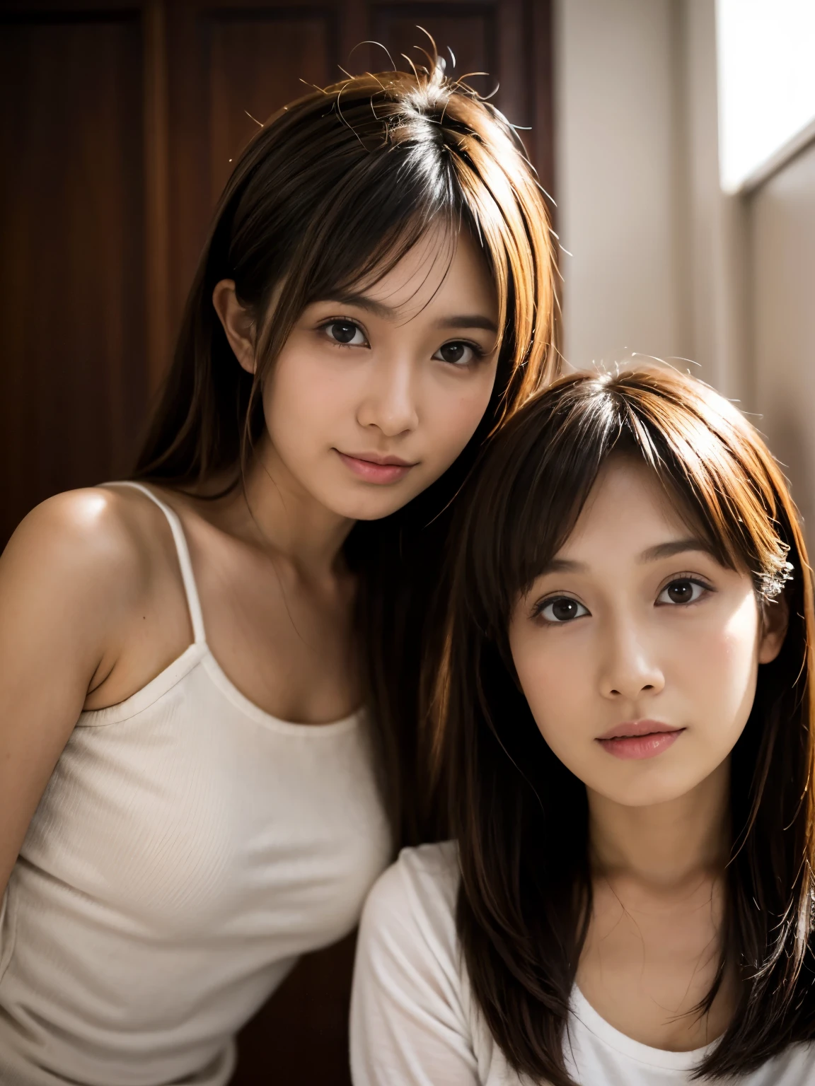 There is a woman with a white top and brown hair, 1 6  female, 17-year-d fe, so east asian with round face, 18 years old, 2 7 years old, 2 2 years old, anime thai girl, 2 8 years old, 21 years old, 2 9 years old, 2 3 years old, Asian Face