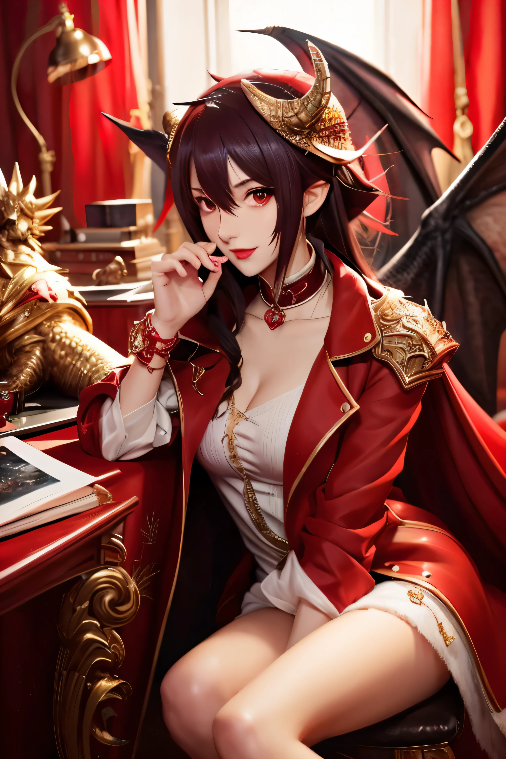 High-quality images,Woman in red coat sitting on chair with dragon, popular on ArtStation Pixiv, detailed anime artwork, Detailed Digital Anime Art, Complex gorgeous anime CGI style, Pixiv Gubes art station, Pixiv Gubes, anime fantasy illustration, detailed anime art, clean detailed anime art, Detailed key anime art, Red Lip Micro Open,