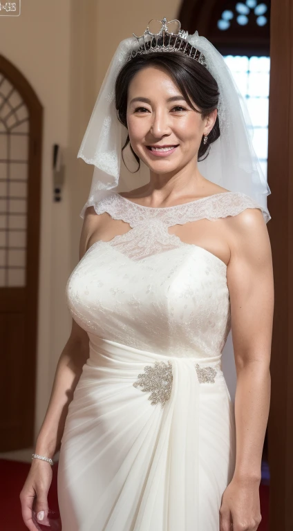 Best Quality, hight resolution, Hires, Skin definition, Detailed skin, Detailed eyes, Detailed face, 4K, 日本人A MILF, ((独奏)), (((50 years old))), (Wrinkles at the corners of the eyes:1.5), (nasolabial folds:1.5), A MILF, glamor, A sexy, Chromo-white skin, ((Straight Long Hair)), Looking at Viewer,(((Aging skin:1.3))), ((loose muscles:1.4)), (((A slender))), (((Very large breasts:1.20))), ((Saggy udder)), (Saggy buttocks), ((Japanese Models)), 4K, (photoRealistic:1.5), Realistic, nffsw, Beautiful, Bimbo, Perfect makeup, {(((weddingdress))), (((veils))), (((shining tiara))}}, ssmile, on the red carpet in the church, Full body photo,
