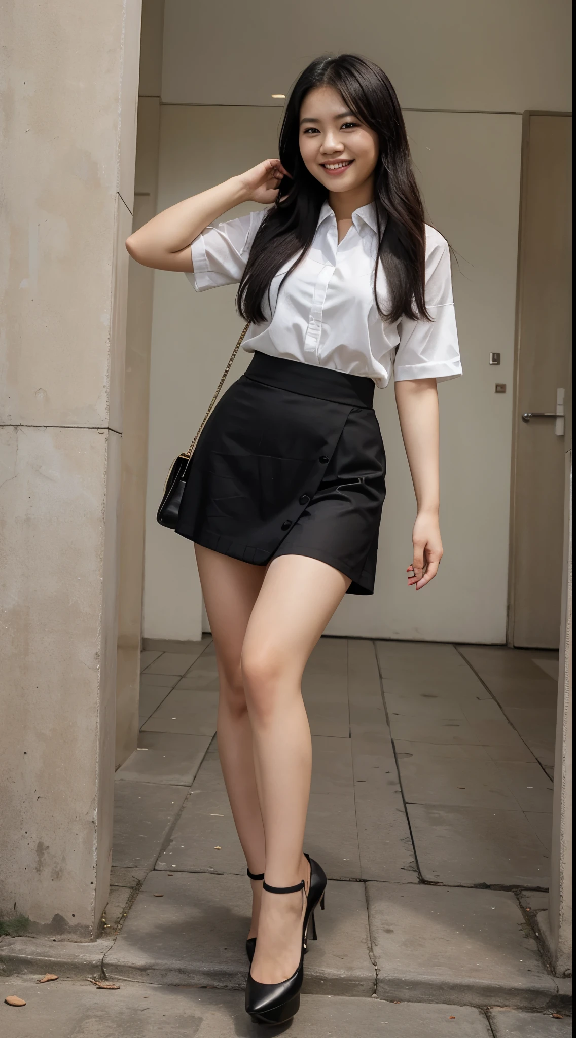 A vietnamese woman in black skirt. Smiling, full body