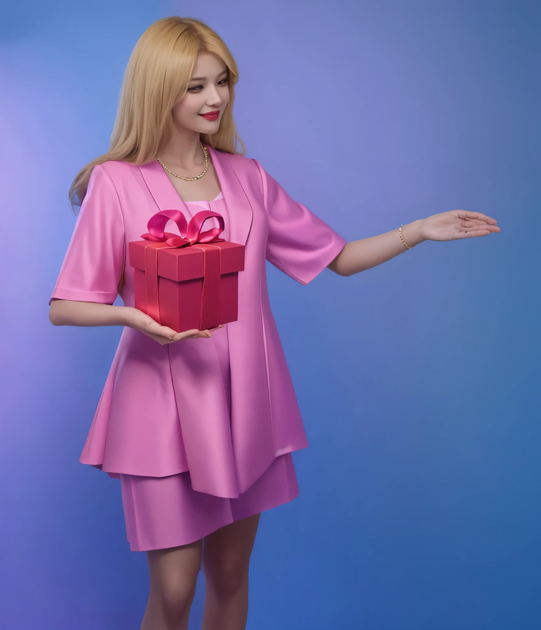 woman in a purple costume holding a present, present box,, blonde woman in pink costume holding a red present, rim light, realistic, young blonde woman, 4k, realistic, rim light, high resolution, shiny hair straight, Her outfit shines under the spotlight. Her hair impeccably styled, with a glossy finish that adds to her charm. The subtle rim light highlights the contours of her figure, adding depth and dimension to the composition. This artwork combines the elements of a glossy costume, beautiful hair, high-resolution image, realistic rendering, dark background, and rim light.