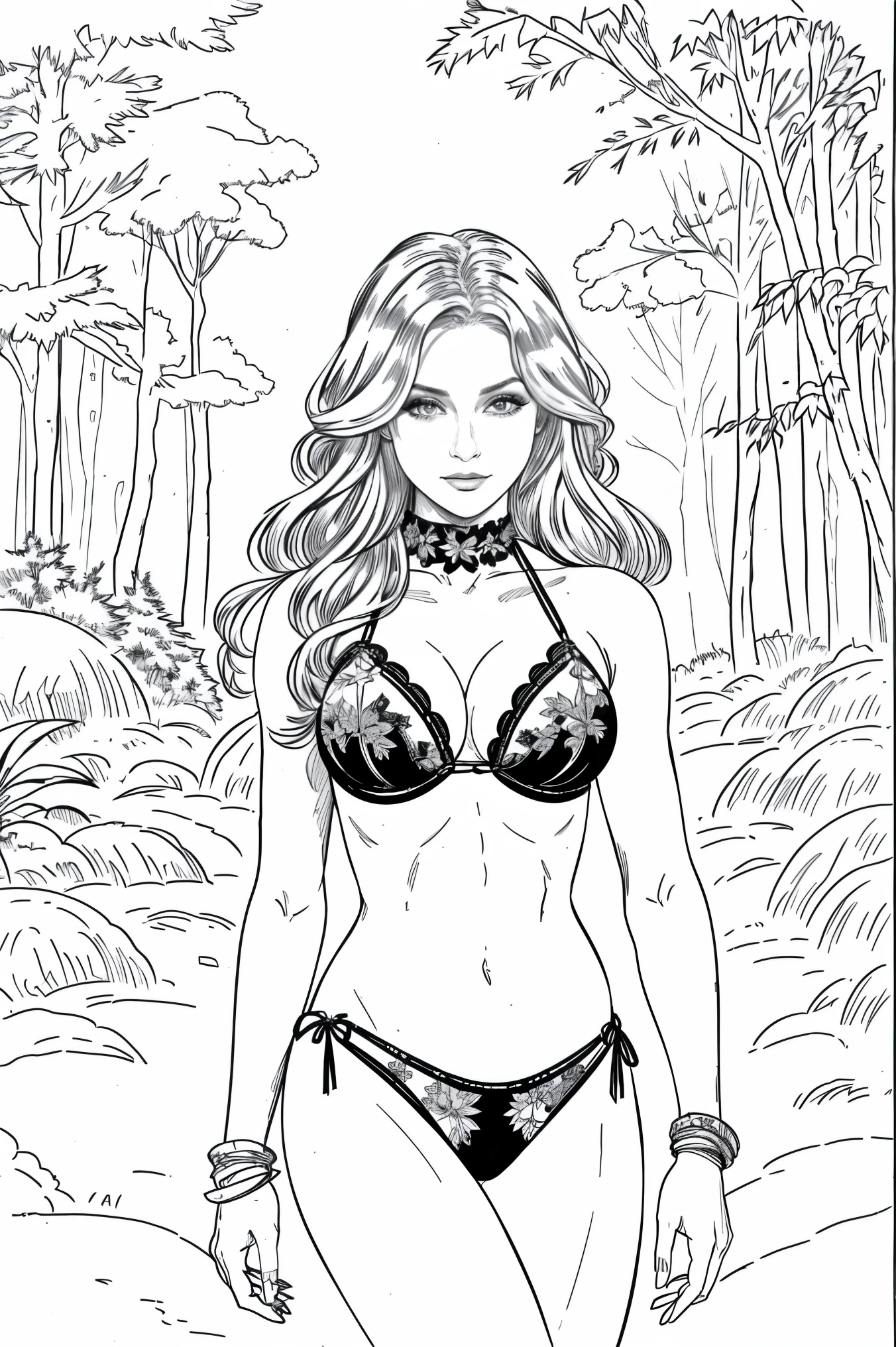 (hight definition, 8k, Highly detailed) Coloring book style, black and white, an ultra hot gorgeous European blonde woman, she’s a playmate, men magazine model, flirts with camera. Wearing a micro bikini In a snowy forest, winter scene (monochrome:1.2) (coloring book:1.1)