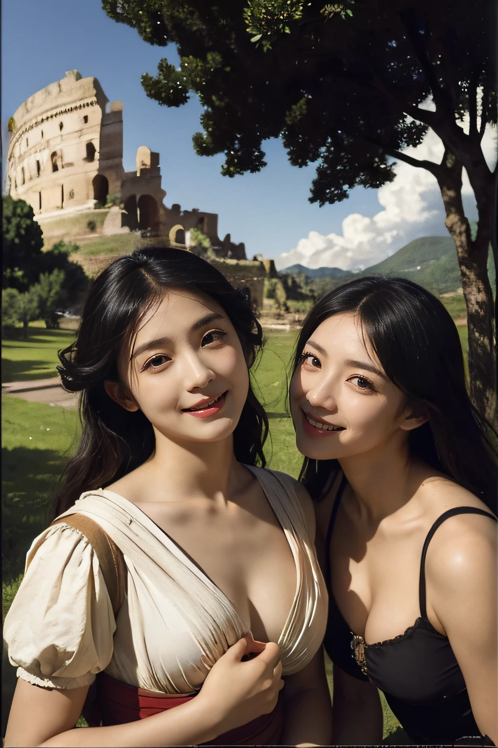 Ancient Roman landscape in the style of Poussin,A smile,,Sweet and seductive appearance.、Caravaggio's paintings、Chiaroscuro of Caravaggio、Hair disheveled in the wind,Two women frolicking,Cute smile, Expression of ecstasy,A sexy,erotick