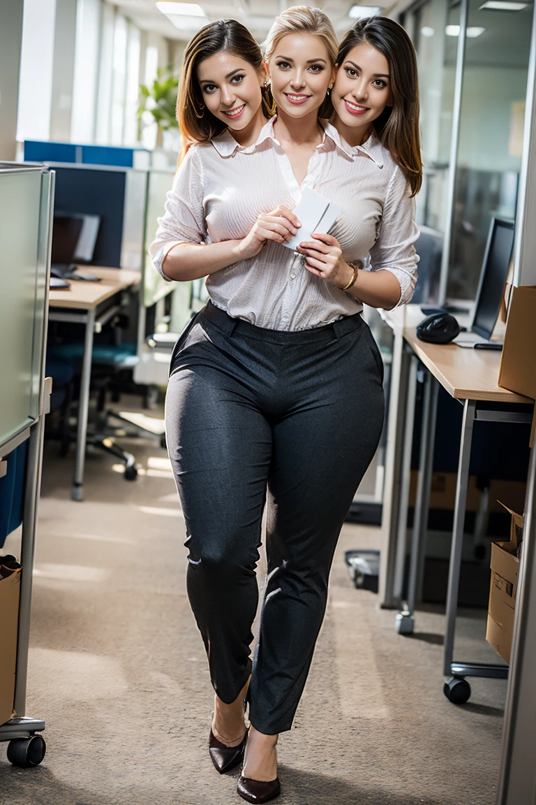 (((3heads))),**Render**: full - body, girl. woman. fat 1 person, fat, feminine face, no facial hair, no body hair, ,(((Dressed like an office worker))),blonde, overweight, thicc, holding a brown bag with documents, cute face, morena, detailed skin, A detailed eye, Rendering in highly detailed 4K resolution, Experience tense moments in the office cubicle .. detailed characteristics are highlighted. The background is bright in bright light, ((((large bulge in the pants))))