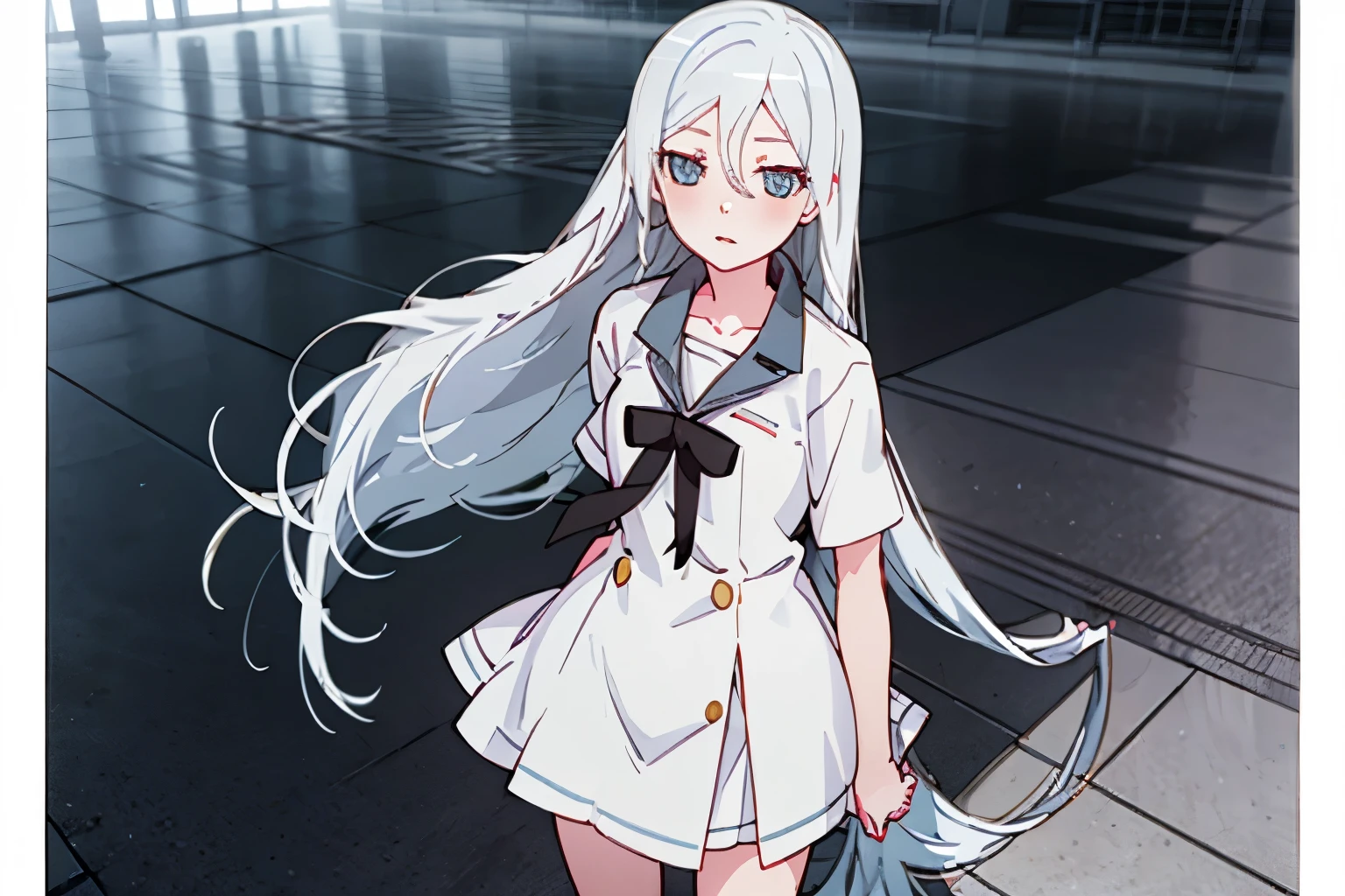 1girl in，Detailed details，White hair，Very long hair，light blue  eyes，Sailor Uniform，Standing in the center，Fluttering hair，