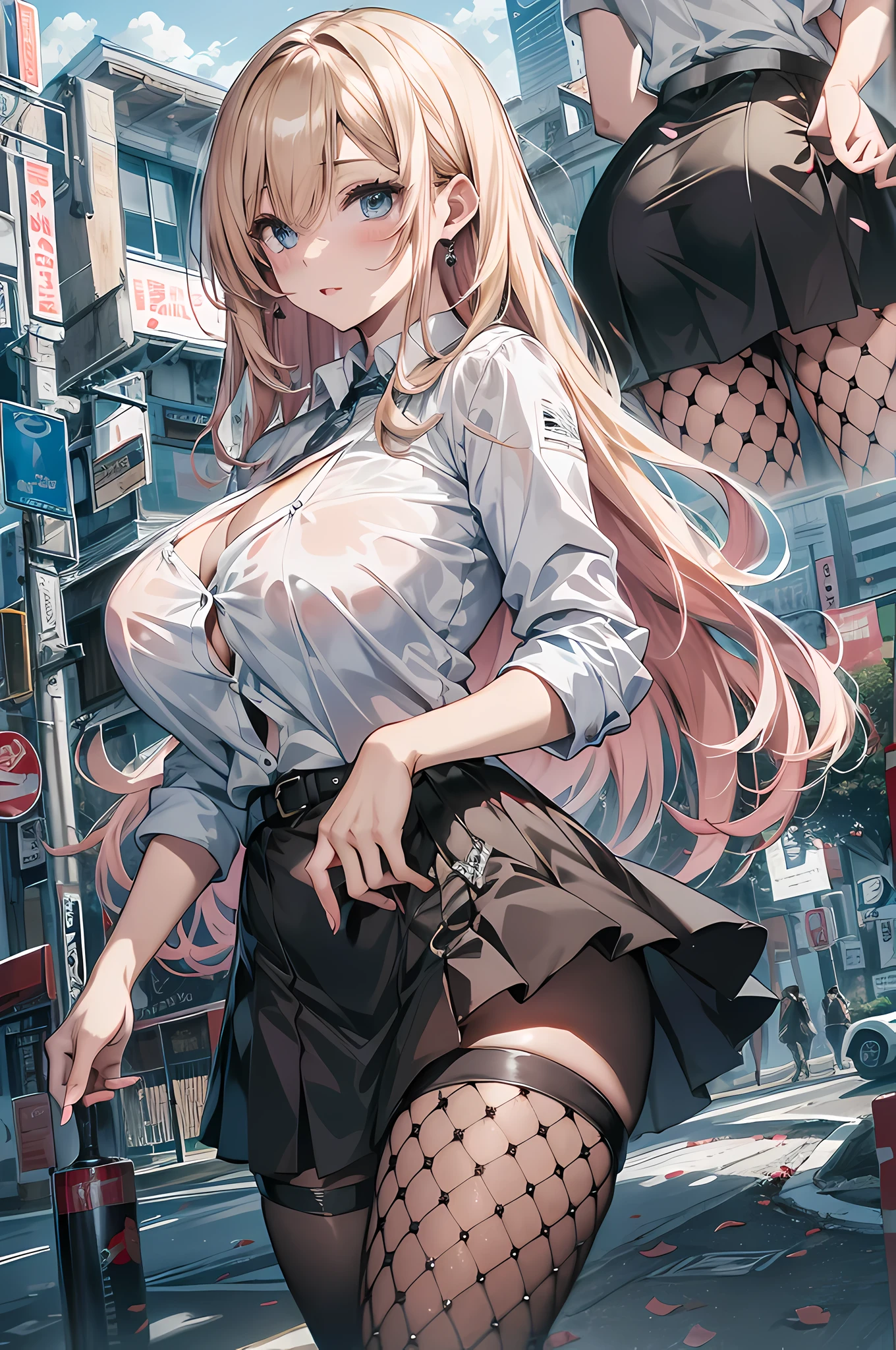 absurd, 8K, high resolution, Ultra-detailliert, beautiful, Meisterwerk, best quality, very pretty woman, Jung, blondes Haar, (Immobilienmakler1.6), schwarzer Rock, Netzstrumpfhosen, rosa BH, White blouse, (very huge breasts:1.4), hair above one eye, stehend mit angewinkelten Beinen, detailliertes Frauengesicht, Sehr attraktiv,