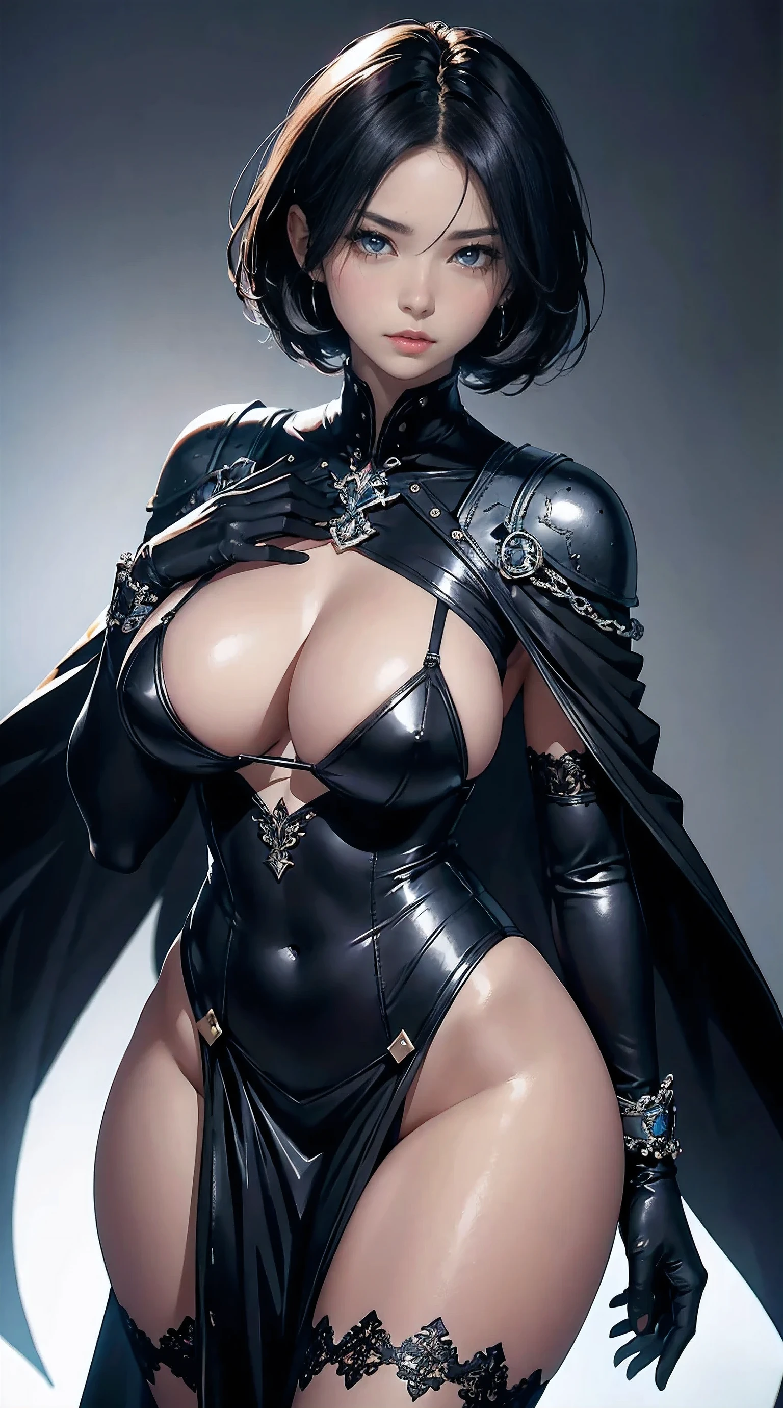 femele1,Boyish short black hair,Cold eyes,20yr old,medieval western castle background,Sexual innuendo,big breasts thin waist,long legged,ultra large size boob,Black Silver Armor,black and silver cloak,fullnude,((masutepiece)),(((top-quality))),((Ultra-detailed)), ((beautifull detailed face)), ((Cinematic lighting)), depth of fields, best qualtiy,(Beautiful detailed girl),Detailed Lighting,(Beautiful detailed eyes), huge-breasted, Erotic, sexy for, cleavage, bare thigh, Red Lip, エロ,fullbody naked,big erectnipples,cunt, round and smooth bare feet,Sexual temptation,Luxury high heels,Precise hands,high quality fingers,gloves