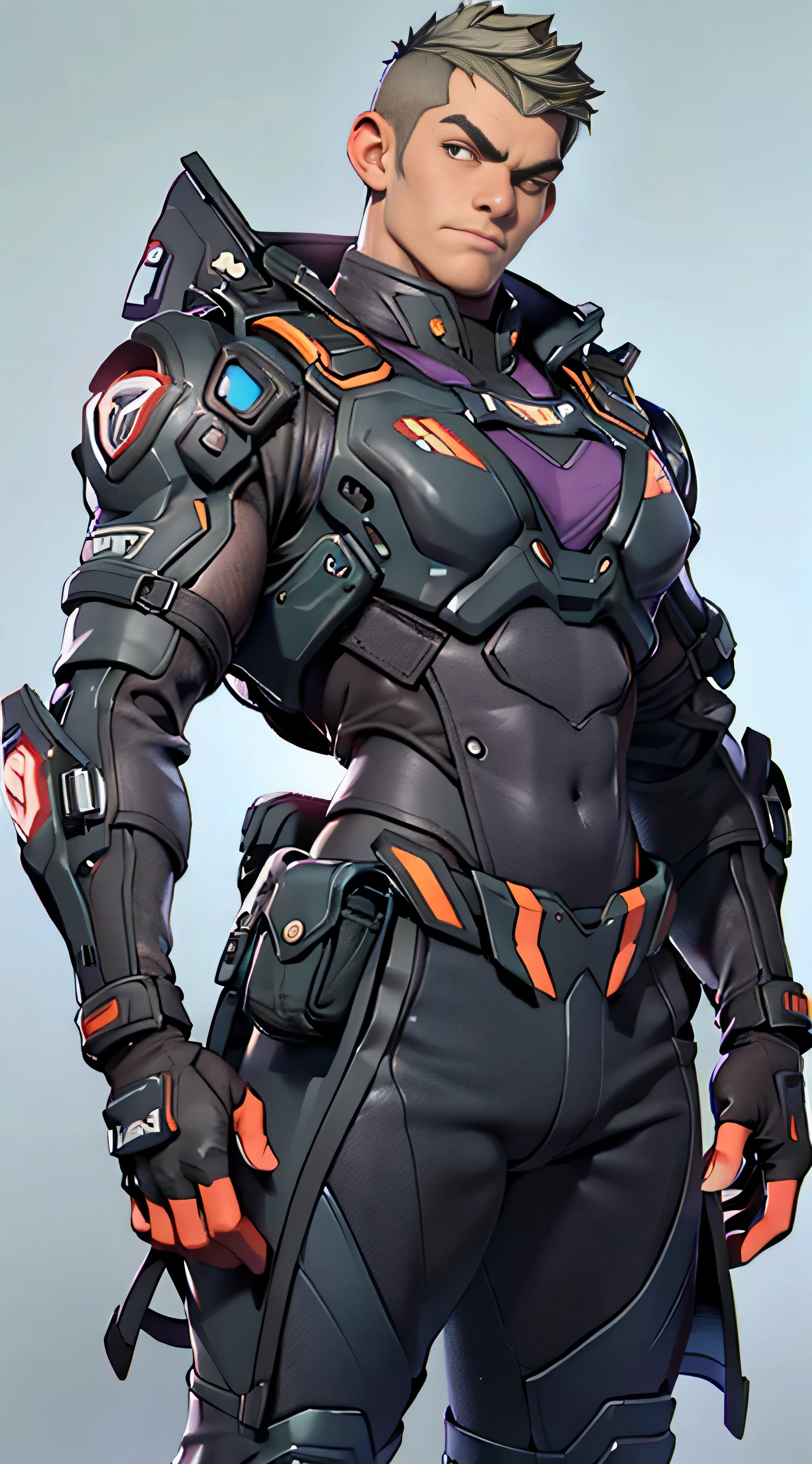 11:23(((Best quality at best: 1.4))),(Unbeatable masterpiece), (hyper HD),(Hyper-realistic 8k CG)、(light colors hair),(Brush cut),(Shoulders and arms equipped with technical equipment))), (((1 uncle))),The 45-year-old American soldier has a perfect figure,,delicated face,heavy muscular figure:1.2,Solid royal gray jacket with details, (Pictures from head to thighs), Complex equipment, Dark purple coat,long trousers,The clothes inside are dark,Clothes with metal technical parts,Tech Armor )