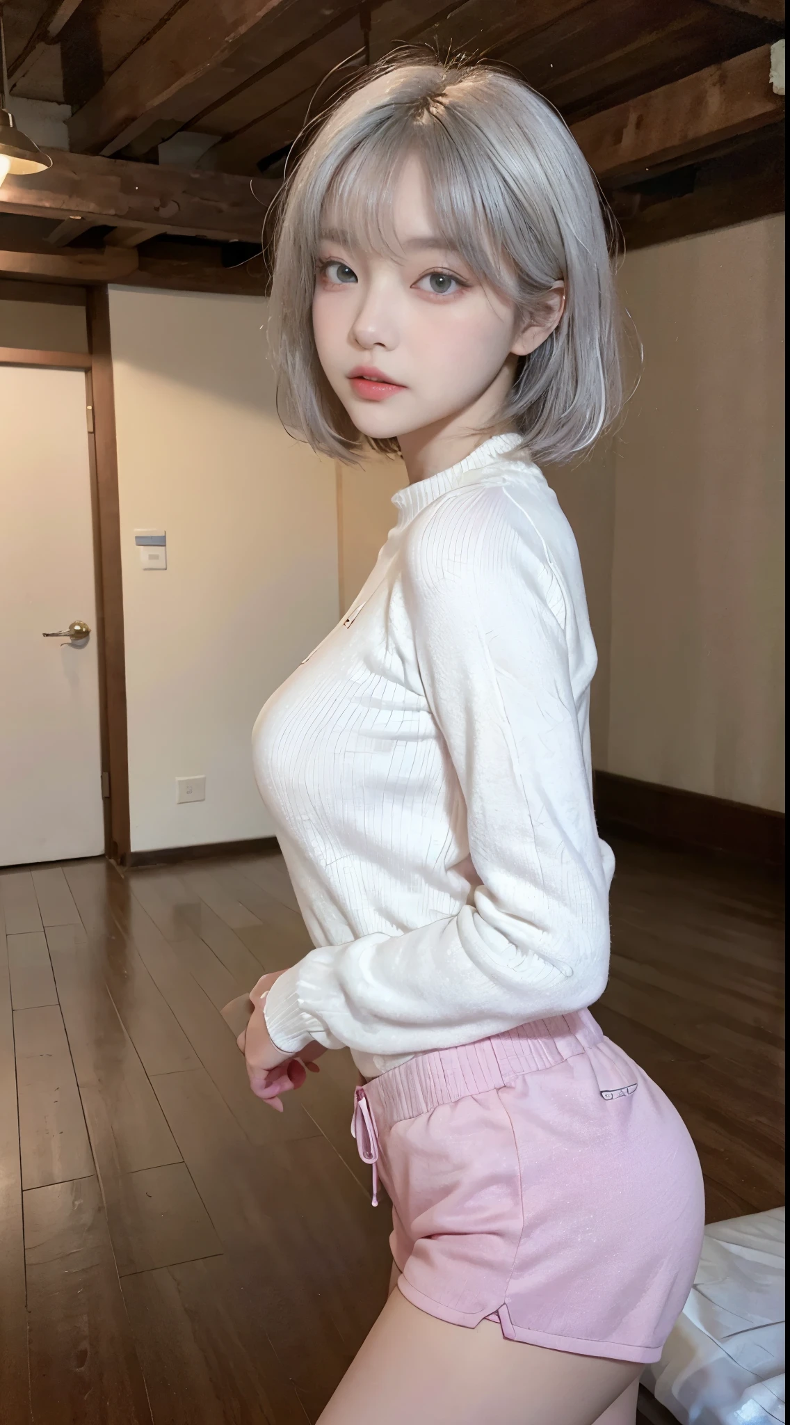 Top image quality、Raw photography、超A high resolution、21-year-old Korean、韓国アイドル、small tits、Dynamic angles、Cowboy Shots、The most beautiful forms chaos、elegent、Brutalist design、Beautiful white hair、a short bob、smil、shiny white skin、Beautiful eyes with random colors、Very beautiful eyes down to the details、elongated eyes、thin lipss、pale pink blush、long eyeslashes、beautiful double eyelid、eyeshadows、large sweater、hotpants、Large park、shot from a side angle、sexy pose