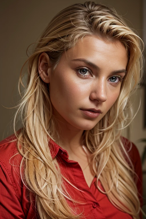 RAW photo, portrait of a beautiful blonde woman wearing a red shirt (high detailed skin:1.2), 8k uhd, dslr, soft lighting, high quality, film grain, Fujifilm XT3, ((((full naked body shot, hands, from side)))