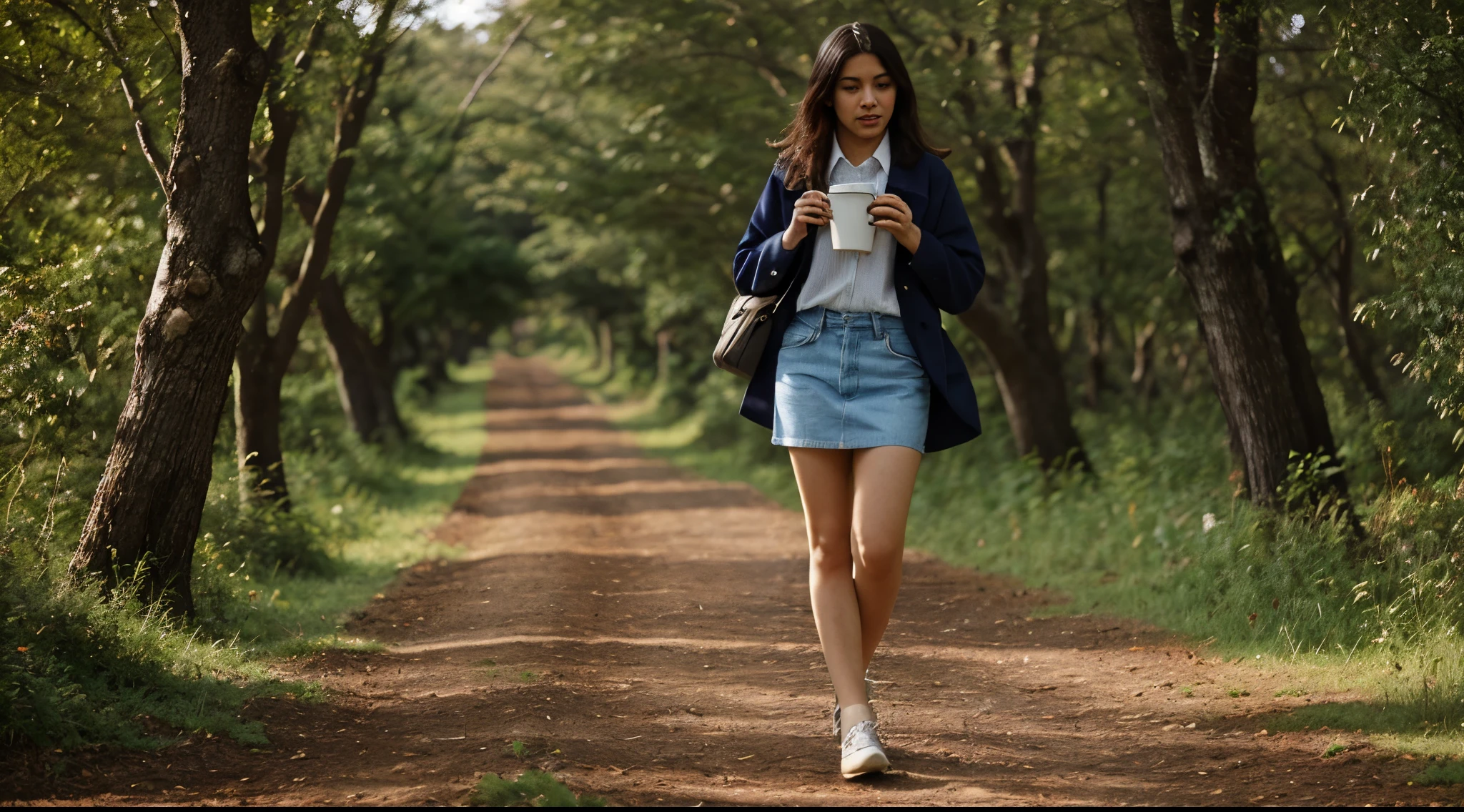 There is a woman, schoolgirl de 20 anos, who is walking along a path in the forest, girl Caminhando na floresta, saia plissada xadrez, Caminhando ereto em uma floresta, Caminhando na floresta, schoolgirl, Caminhando na floresta, no caminho da floresta, desfrutando de um passeio na floresta, caminhando em uma floresta, que caminha na montanha, Passeando na floresta