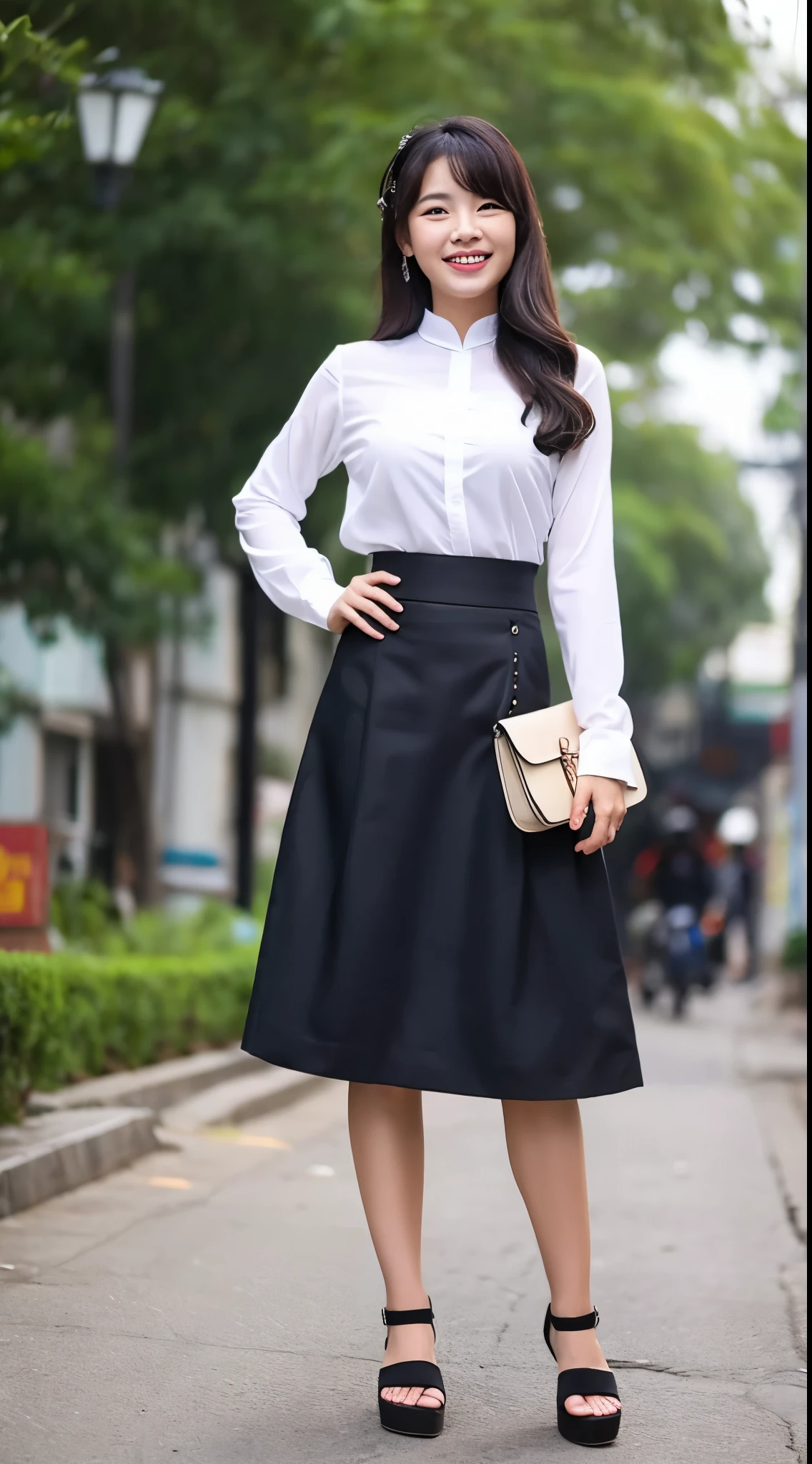 A vietnamese  woman in black skirt.  Smiling, full body