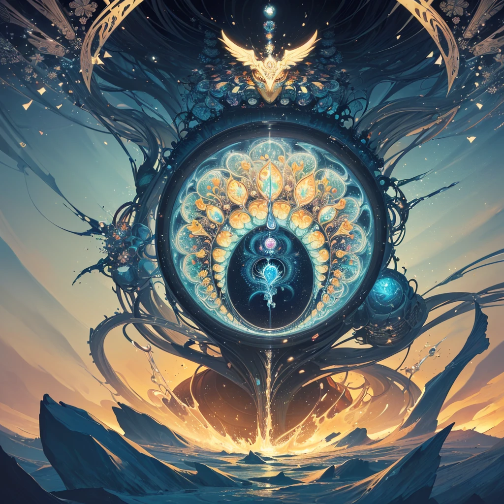 Imagine tranquil scenes inspired by Buddhist philosophy,A vibrant lotus flower stands against a background of intense yellow tones。The lotus flower symbolizes purity and enlightenment,Intricate petals bloom,emanating a sense of serenity。When you gaze deeper into the image,You will notice an arrangement similar to a mandala,The hands of the twelve-born portrait clock are placed elegantly。A fusion of Buddhist symbolism with astrological elements,a harmonious integration,Invites contemplation and a sense of eternal connection。(The sculpture is surrealist and realist: 1.5), (Shaman's DMT halo,Wear a transparent helmet,Brain prominence: 1.4), (Metal wings: 1.2), (Fox futuristic mask: 1.2), (Internet pop kawaii fractal art: 1.6), (The art style of Tobias Gramller,Smooth and dynamic shape: 1.6), (Organic geometric mixture: 1.6), (The shaman's head reflects happiness in a surreal way as a state of mind and state of mind: 1.2), (mask creates motion and warping in light: 1.3), (Ultra-high resolution: 1.4), (ray traced lighting: 1.4), (subsurface scattering skin: 1.2), (particle fx: 1.4), (Depth of field: 1.4), (geometric-dotist abstraction: 1.6), (generative fluid fractal algorithm: 1.6).