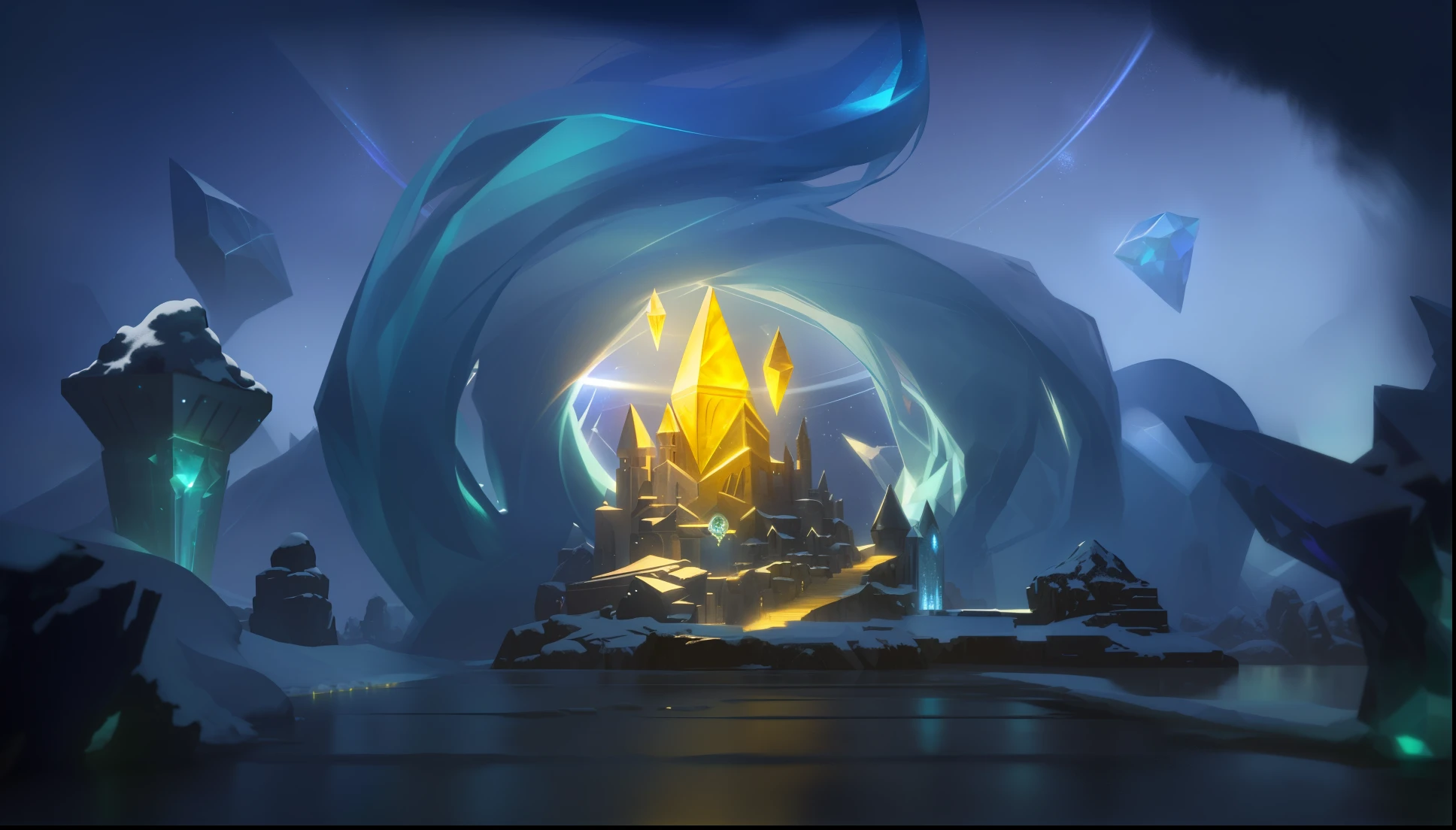 There is a mysterious crystal in the center of the screen,There's a snowstorm in the sky, There is snow on the ground,Reflective bricks,League of Legends design style,Magical style,game design,The art of luminescence,High quality detailing,8K