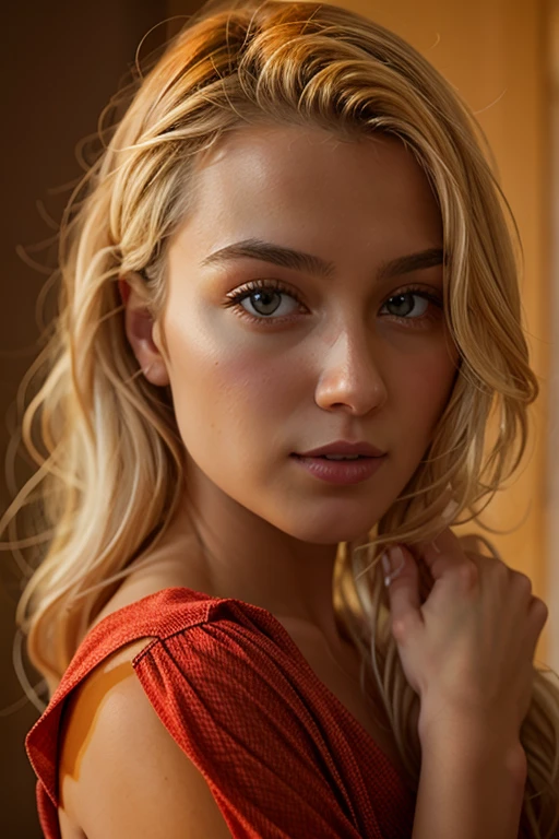 RAW photo, portrait of a beautiful blonde woman wearing a red shirt (high detailed skin:1.2), 8k uhd, dslr, soft lighting, high quality, film grain, Fujifilm XT3, ((((full naked body shot, hands, from side)))