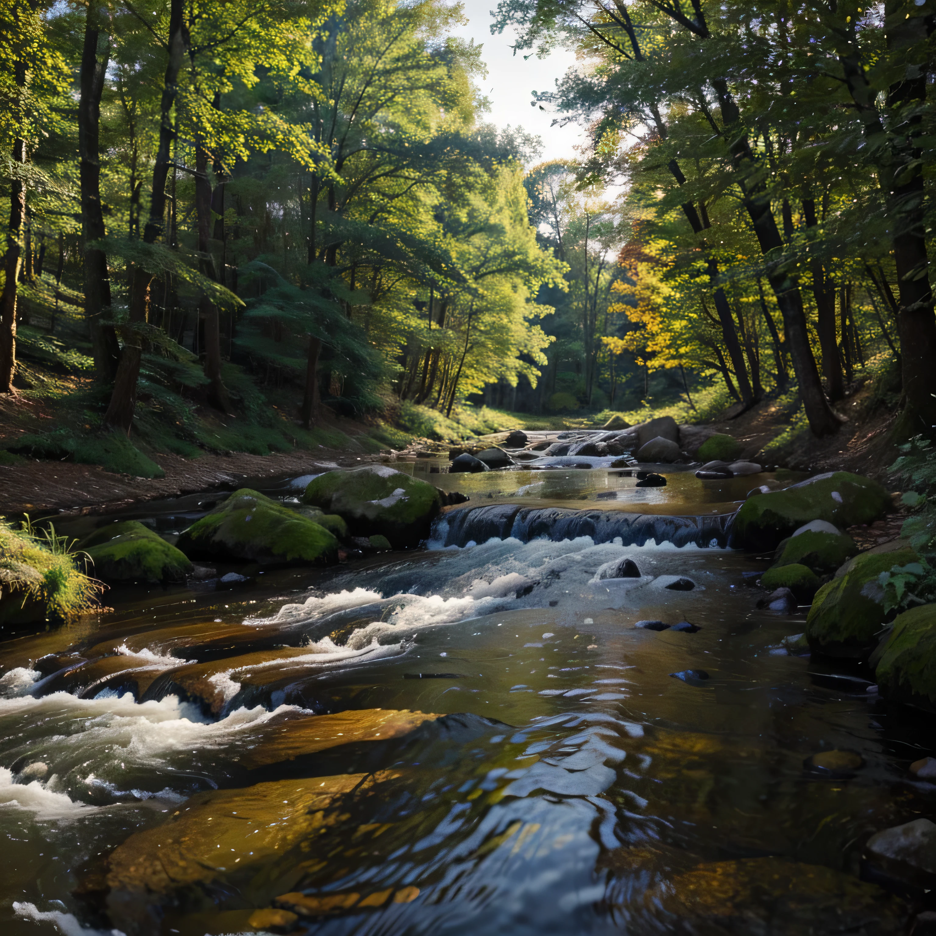 realistic landscape with a stream and trees