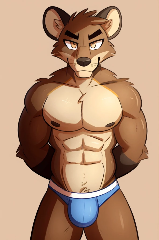 Solo, Furry, Anthro, Mongoose, Male, E621, Standing, Muscular, Hands behind back, Wearing underwear, Plain background, Front view, By Kilinah