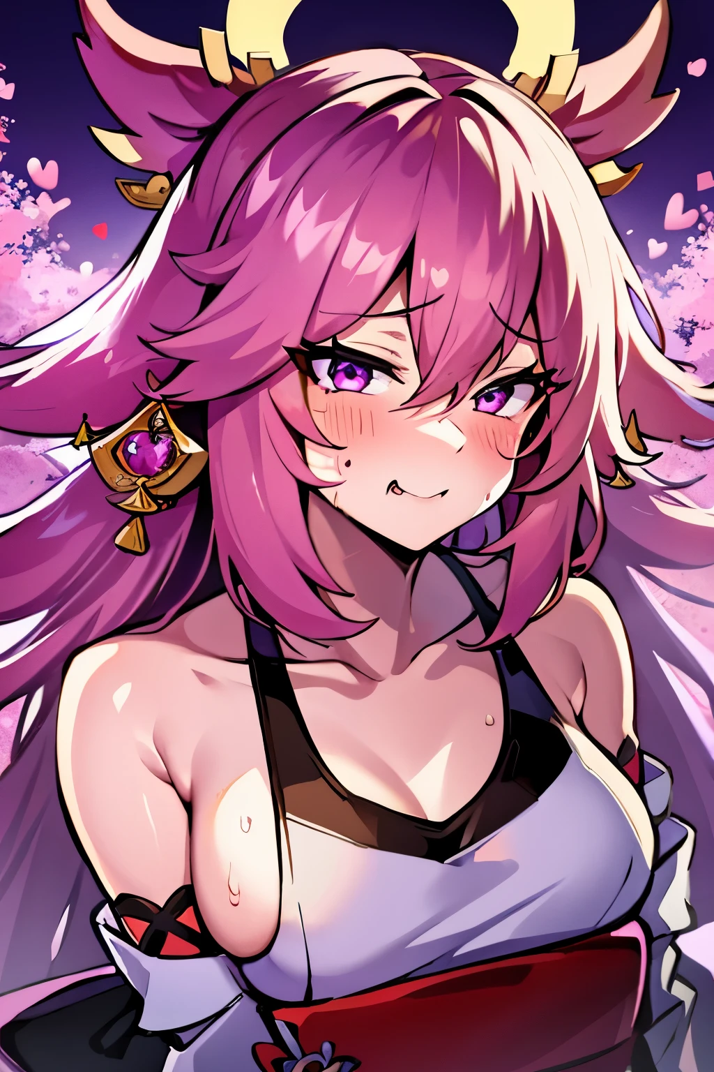 (suggestive:1.3),(corruption),1yae miko,(japanese clothes),dripping, pink hair,purple eyes,blush,upper body,(ahegao:1.1),(naughty face),collarbone,trembling,sweat,sweatdrop,heart,skindentation, (crazy:1.3),(speed lines),sun, outdoors
