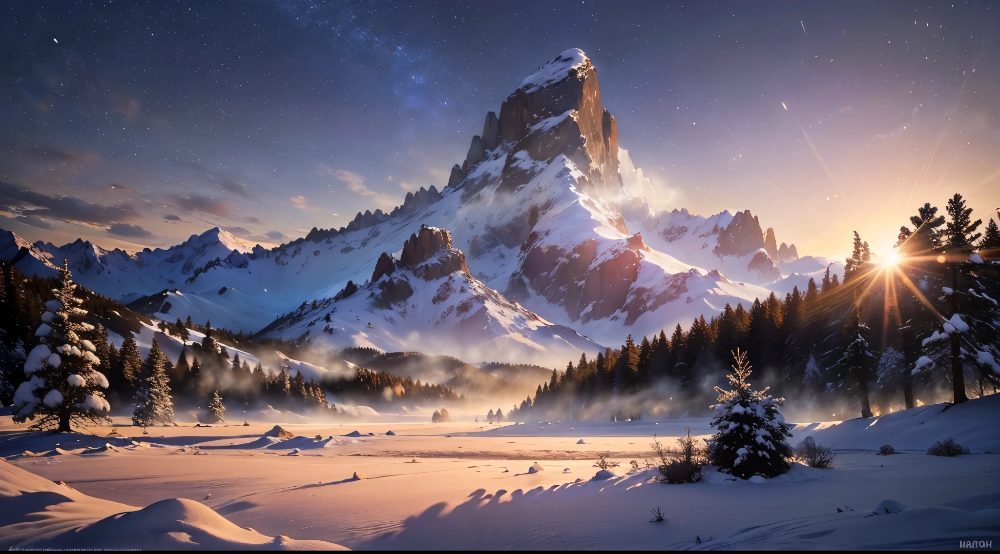 (best quality,high resolution,masterpiece:1.2),ultra-detailed,(realistic,photo-realistic:1.37),winter landscape,glowing sunlight,freezing temperature,scattered sunlight,magical snow,highly detailed,sunlight dispersion,foreground frozen rowan berries
