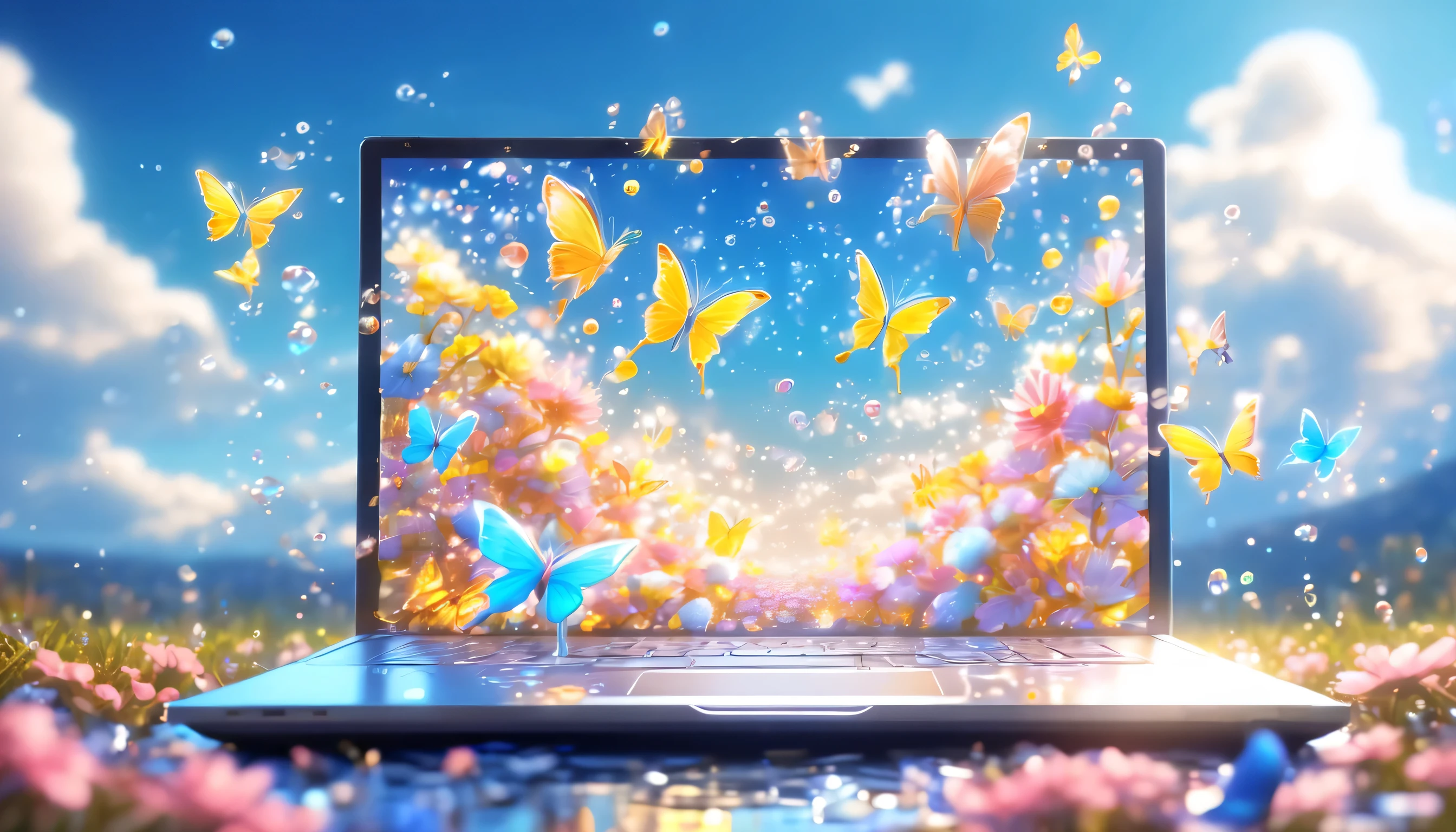 In the middle of a flooded flower field，An ultra-thin laptop is placed, blue-sky, ​​clouds, Crystal butterfly,airbubble，splash,Golden section composition，High detail scenes, Animation-style rendering, High fidelity art style, High detail composition, 美丽的构图，3D，4K, artistic, Spring vibration, Bottom corner, Blurry and dreamy illustration, dreamlike scenes, number art, High-fidelity aesthetics