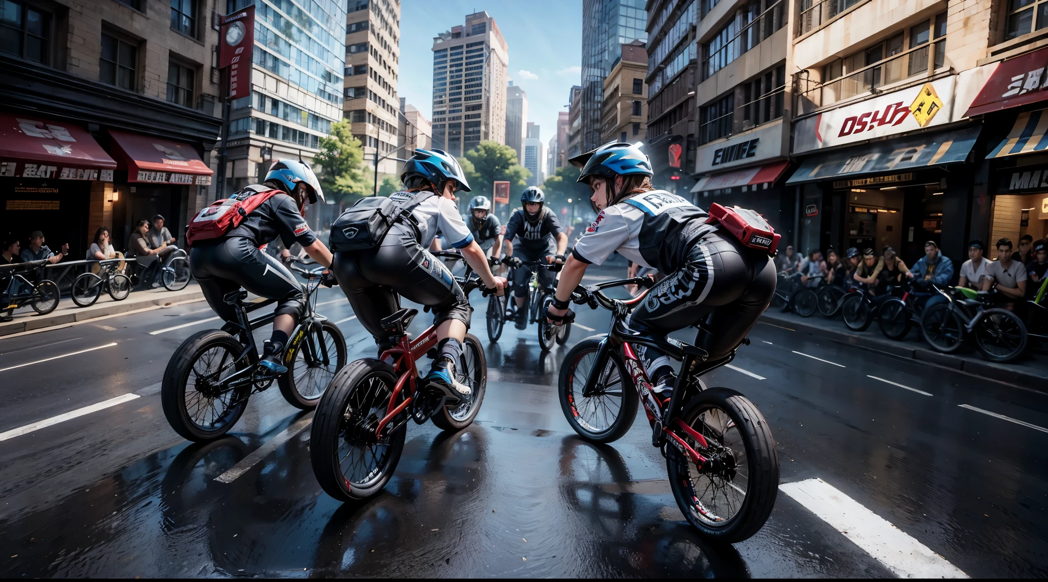 A thrilling scene unfolds as multiple groups of BMX riders compete head-to-head, weaving through the bustling city streets in a high-speed race