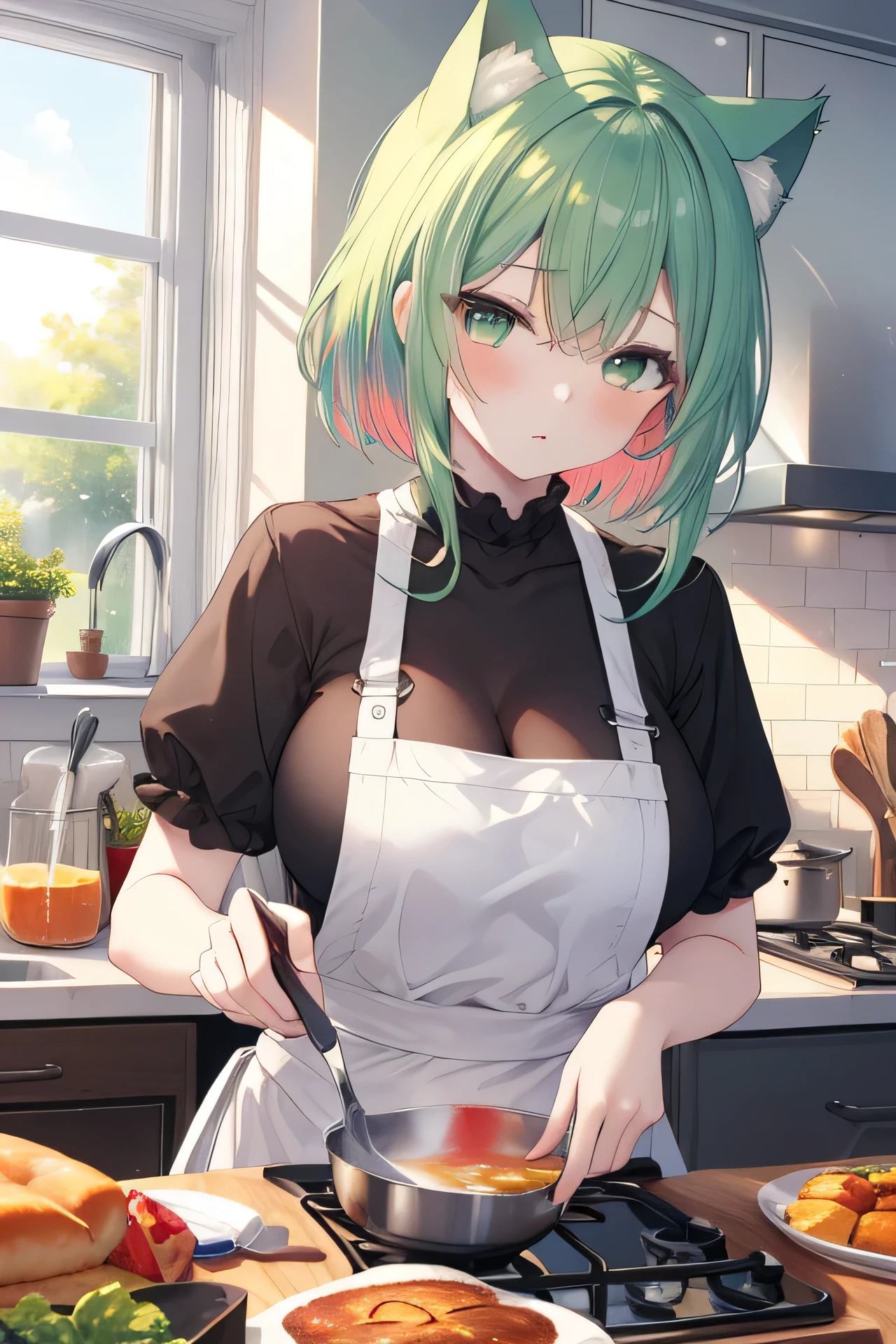 ((masutepiece)), ((Best Quality)), ((8K)), High resolution, 1girl in,Cat ears, pale skin, Large breasts, Green eye, multicolored hair, kitchin, Sunlight, Sunny, Cooking, Breakfast, sleepy