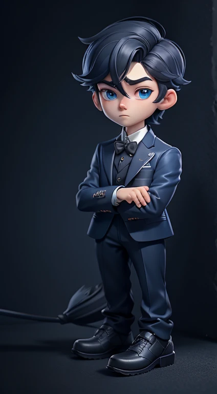 8K、Melancholic ager、Cold、 man in his 20s、Light particles、geometry、Cold黑暗背景、Cool drag、The eyes are melancholy、Dark blue eyequisite suit、Pure and quiet、Whole body diagram、Slender limbs、Delicate short hair、Cold white skin、Add details like pockets and ruffles、Add a shadow、low shoes、Wearing white gloves、There are red roses in the pocket of the suit.