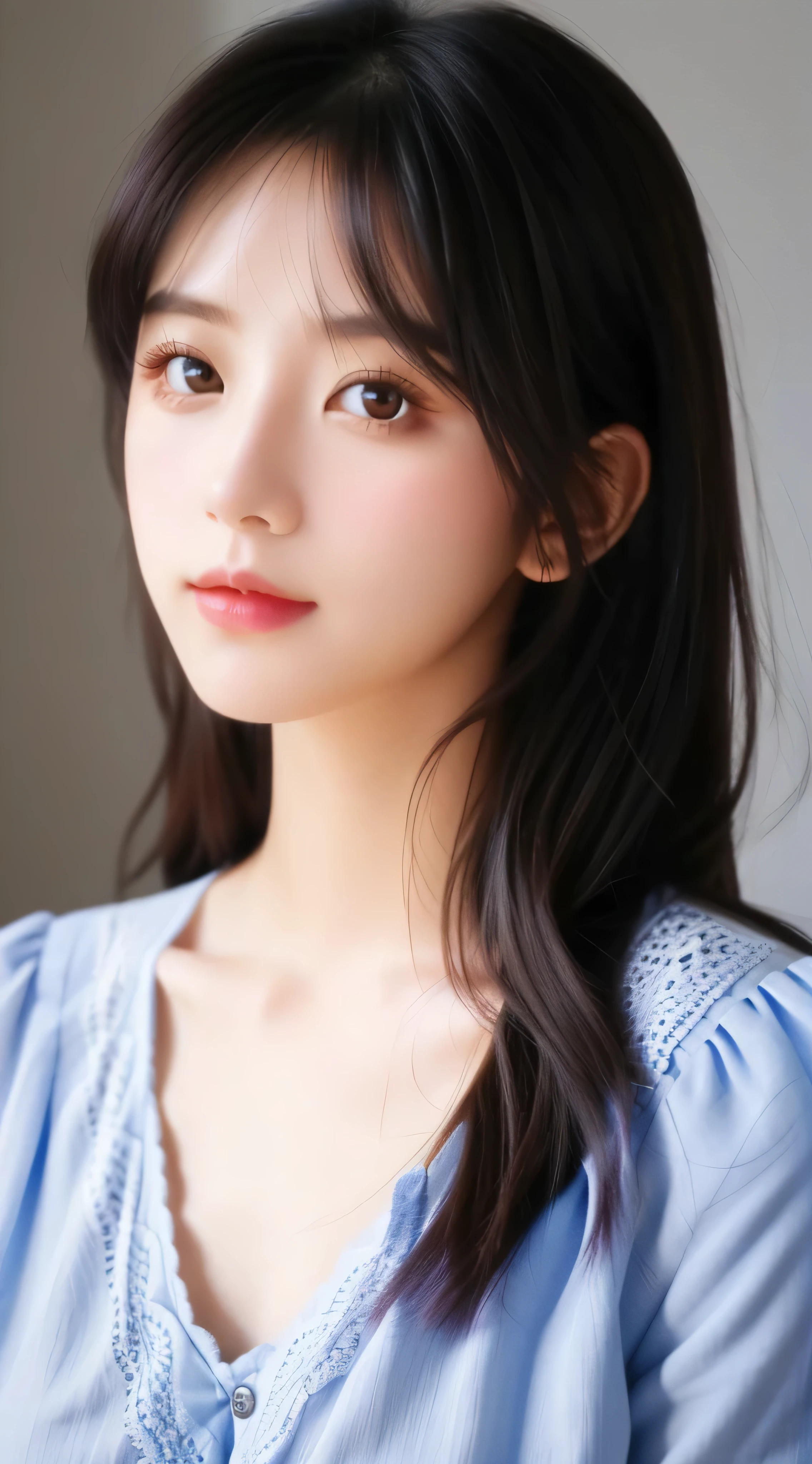 A woman with long hair and blue shirt posing for a picture - SeaArt AI