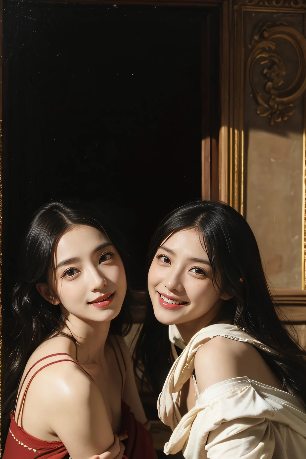 Ancient Roman landscape in the style of Poussin,A smile,,Sweet and seductive appearance.、Caravaggio's paintings、Chiaroscuro of Caravaggio、Hair disheveled in the wind,Two women frolicking,Cute smile, Expression of ecstasy,A sexy,erotick