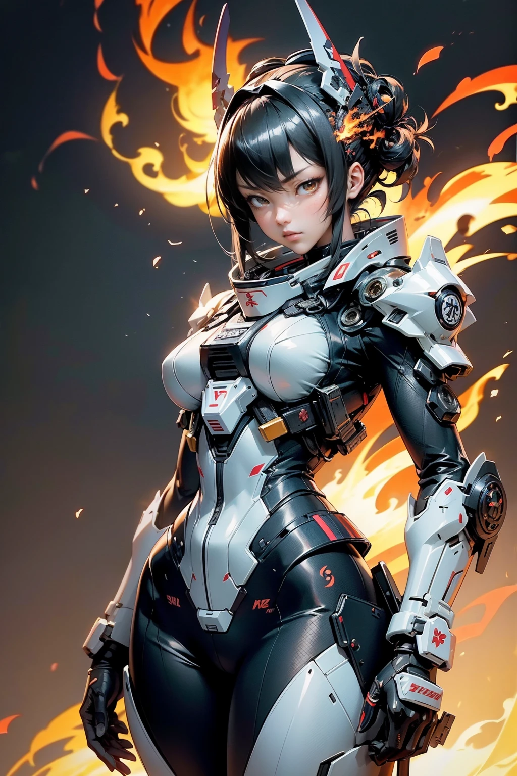 (masutepiece,Extremely detailed, Heavy mechs, hard surface),(Concept art:1.1),(Gundam Style:0.8), A woman wearing samurai robot armor holds a sword,(1girl:1.5),(tactical full face samurai helmet),(Jet black body:1.1),(long legged:1.1),(A detailed eye:1.3),(A detailed face:1.3),(Detailed weapons:1.3),(Detailed body:1.3),(full bodyesbian:1.5),(The background is flames:1.5),逼真