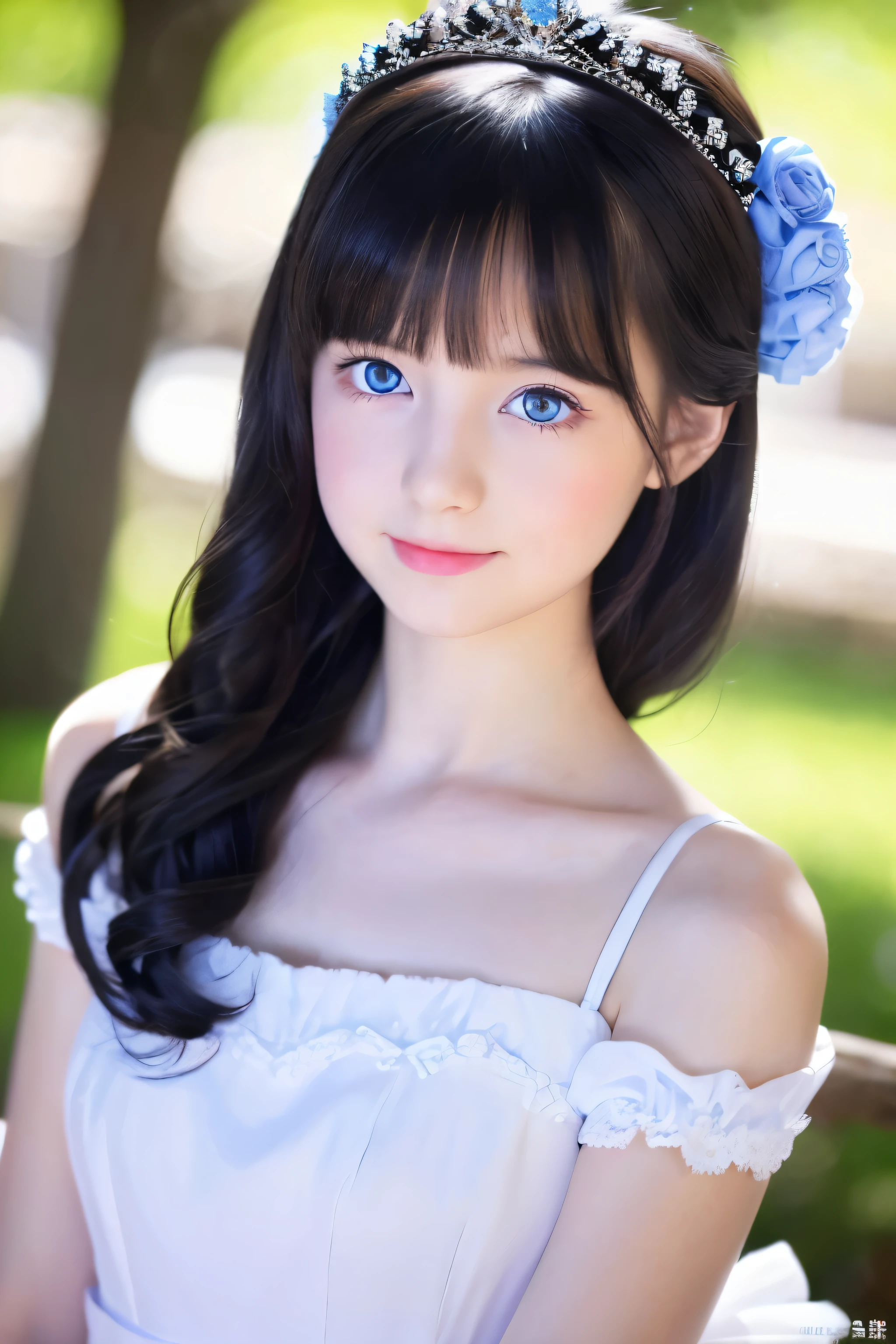 Beautiful beautiful young princess with black hair with blue eyes, She wears a beautiful long white dress