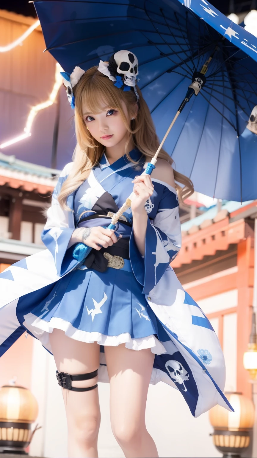 Female idol covered with fantastic blue lightning skull、full body Esbian、、Lightning-covered miniskirt kimono、、a blond、Good Style、Japanese umbrella、early evening