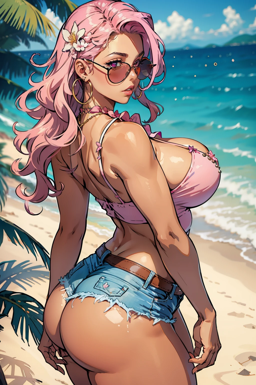 Best quality, solo mature woman, giant breasts, giant ass, very curvy, tanned skin, middle parted hair with curled ends, sea pink eyes, full lips, seductive, sea pink sunglasses, rhinestone beaded singlet, pleated denim skirt, flower earrings, flower necklace, thick thighs, curvy physique