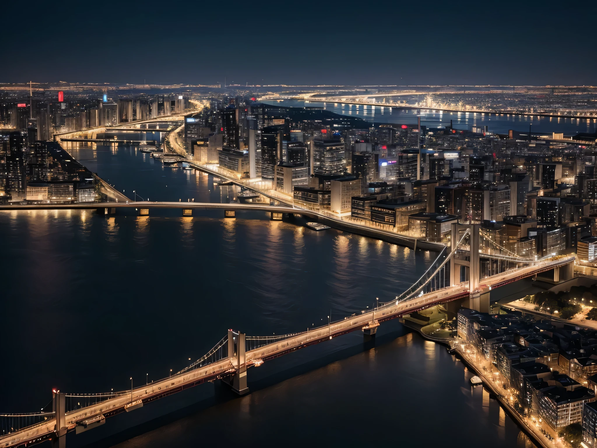 during night view of a city skyline with a river and a bridge, beautiful cityscape, The city at night, beautiful city of the future, the are In the background, beautiful city, the are In the background, well-lit building, at during night, during night, Background with, city night, during night Background with, during night拍摄, the are In the background天际线