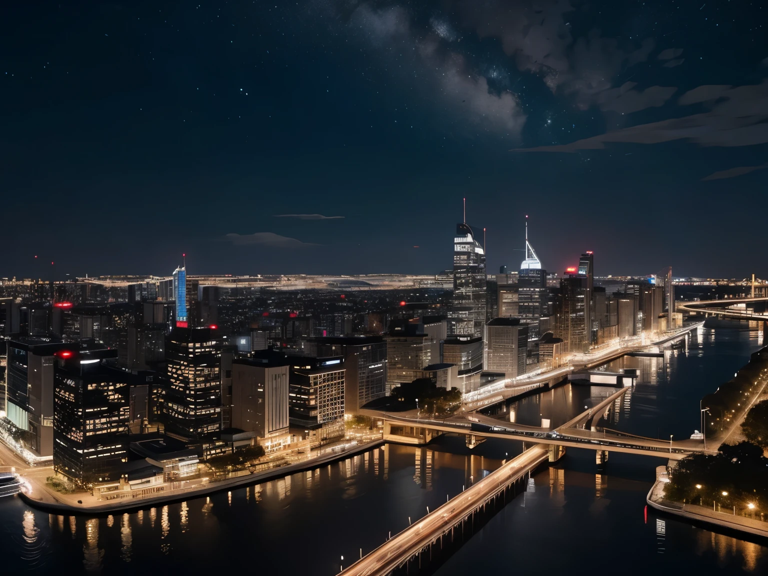during night view of a city skyline with a river and a bridge, beautiful cityscape, The city at night, beautiful city of the future, the are In the background, beautiful city, the are In the background, Well-lit building, at during night, during night, Background with, city night, during night Background with, during night拍摄, the are In the background天际线