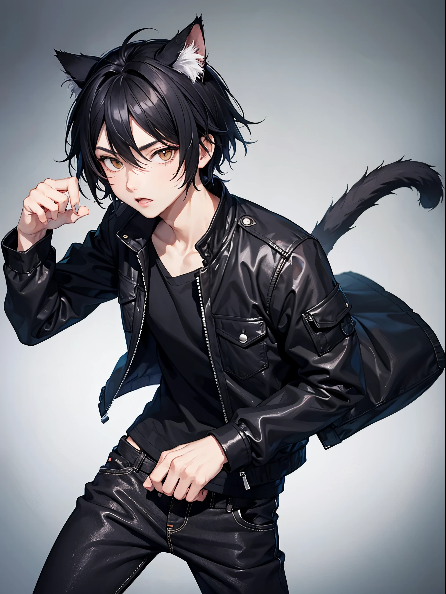 Cat as an anime boy, black hairs,black jacket,black jeans