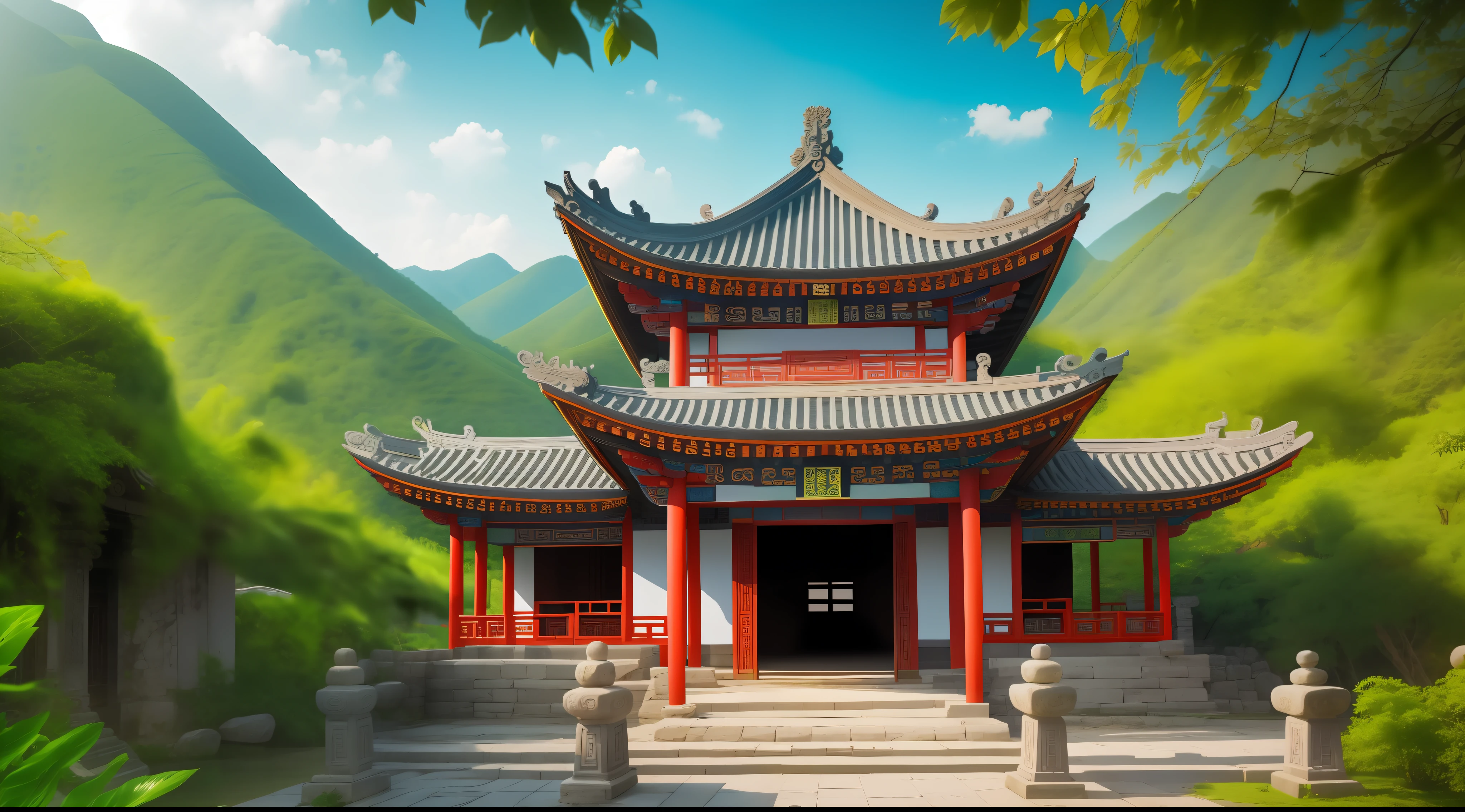 (Ultra wide-angle lens), (Best Masterpiece), 8K, ancient Chinese temples are hidden in the mountains and hills, with green trees, verdant leaves, murmuring streams.  Delicate and beautiful image, full of sunshine