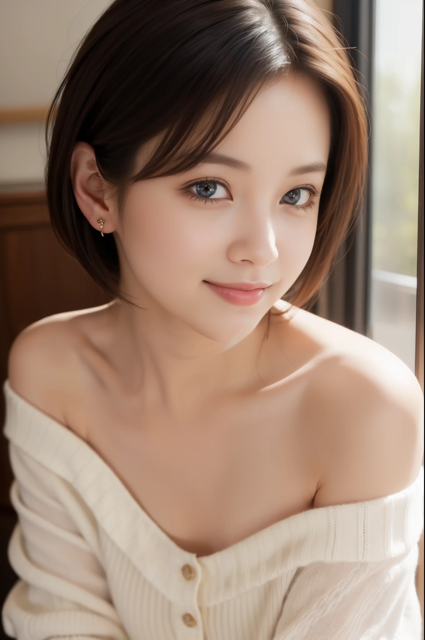 masutepiece , Best Quality, Ultra-detailed, Photo, extremely delicate and beautiful,High resolution, 
1girl in, 25 years old, Japanese beautiful girl,
Small breasts, Plump full lip, Wavy Hair, Short hair, I have one small mole under my eye, 
Detailed eyes, detailed facial features, detailed arms, Detailed fingers, Detailed legs,
(((Cowboy Shot))) , Tea room,NSFW,fullnude、big areolae、erectile nipple、fissure、Detailed pubic area、Do not express male genitalia、complete hands、complete fingers、five fingers film grain, SLR camera, 35mm lens focal length