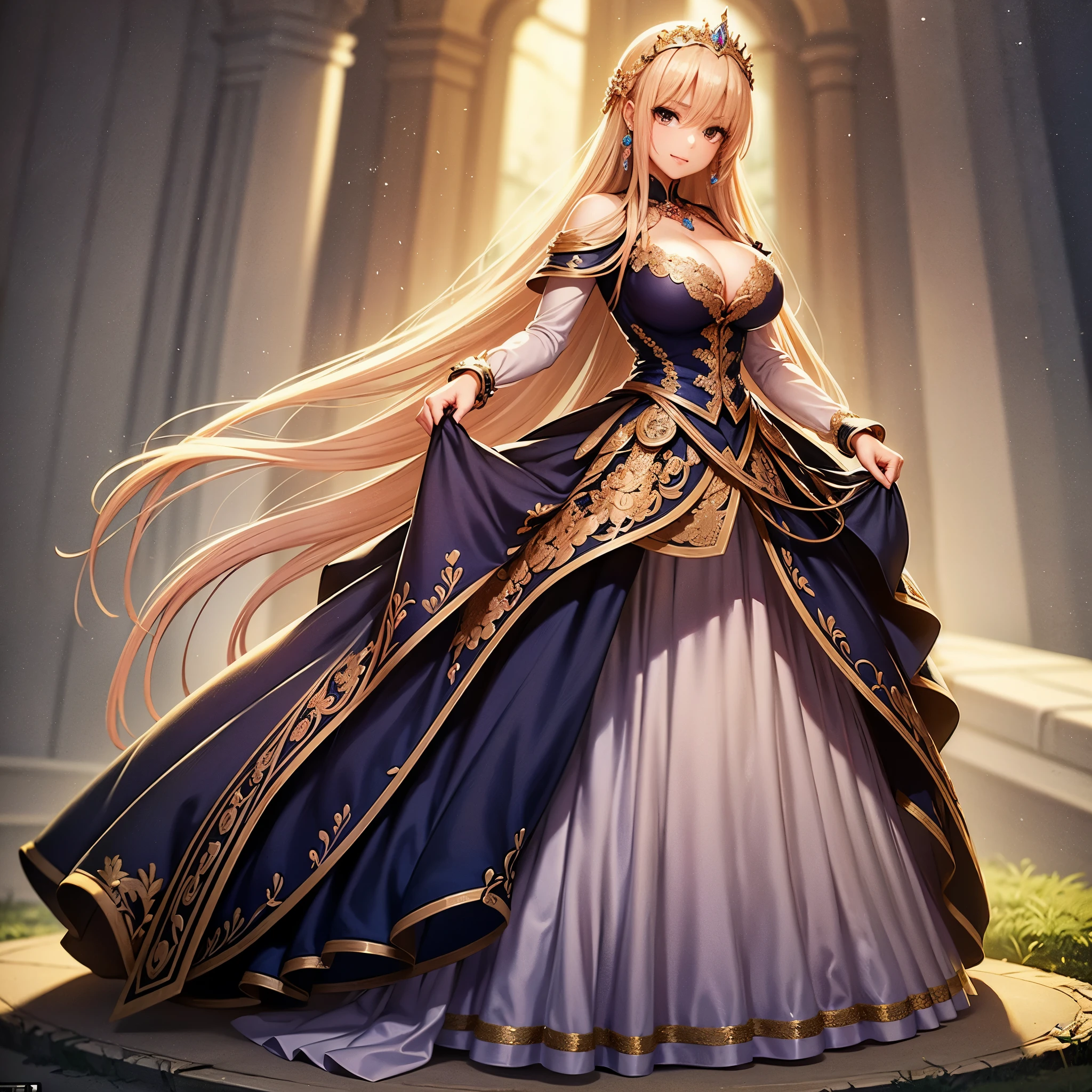 Ultra-detailed, Extremely detailed,((anime art style)),masutepiece,(Best Quality),(Super Detail),(Very delicate and beautiful),((Solo)),(((Full body))),Full body,((Detailed face and eyes)),Perfect eyes, rendered eyes,Beautiful eyes like jewels,((1 princess in Gorgeous rococo ball gown decorated with beautiful embroidery and jewels、Voluminous full-length hoop skirt with ruffles)),((crinoline)),Gorgeous rococo ball gown decorated with beautiful embroidery and jewels、Voluminous full-length hoop skirt with ruffles,(Large amount of straight hair,非常にボリュームのある非常にlongいストレートヘア,絶対にlongいストレートヘア),Sparkly skin,(((very very gigantic boobs,Skindentation))),Bursting breasts,cleavage,((fantasy castle,Outdoors,Outside the castle)),long_gloves,very luxurious jeweled hair ornament,(Tiara adorned with sparkly and very gorgeous jewels),(Luxurious Jewelry),Full body,Gorgeous rococo ball gown decorated with beautiful embroidery and jewels、Voluminous full-length hoop skirt with ruffles