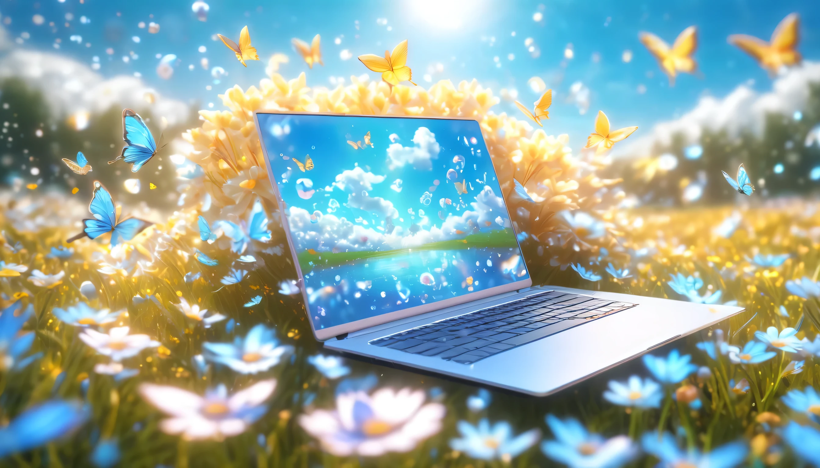 In the middle of a flooded flower field，An ultra-thin laptop is placed, blue-sky, ​​clouds, Crystal butterfly,airbubble，splash,Golden section composition，High detail scenes, Animation-style rendering, High fidelity art style, High detail composition, 美丽的构图，3D，4K, artistic, Spring vibration, Bottom corner, Blurry and dreamy illustration, dreamlike scenes, number art, High-fidelity aesthetics
