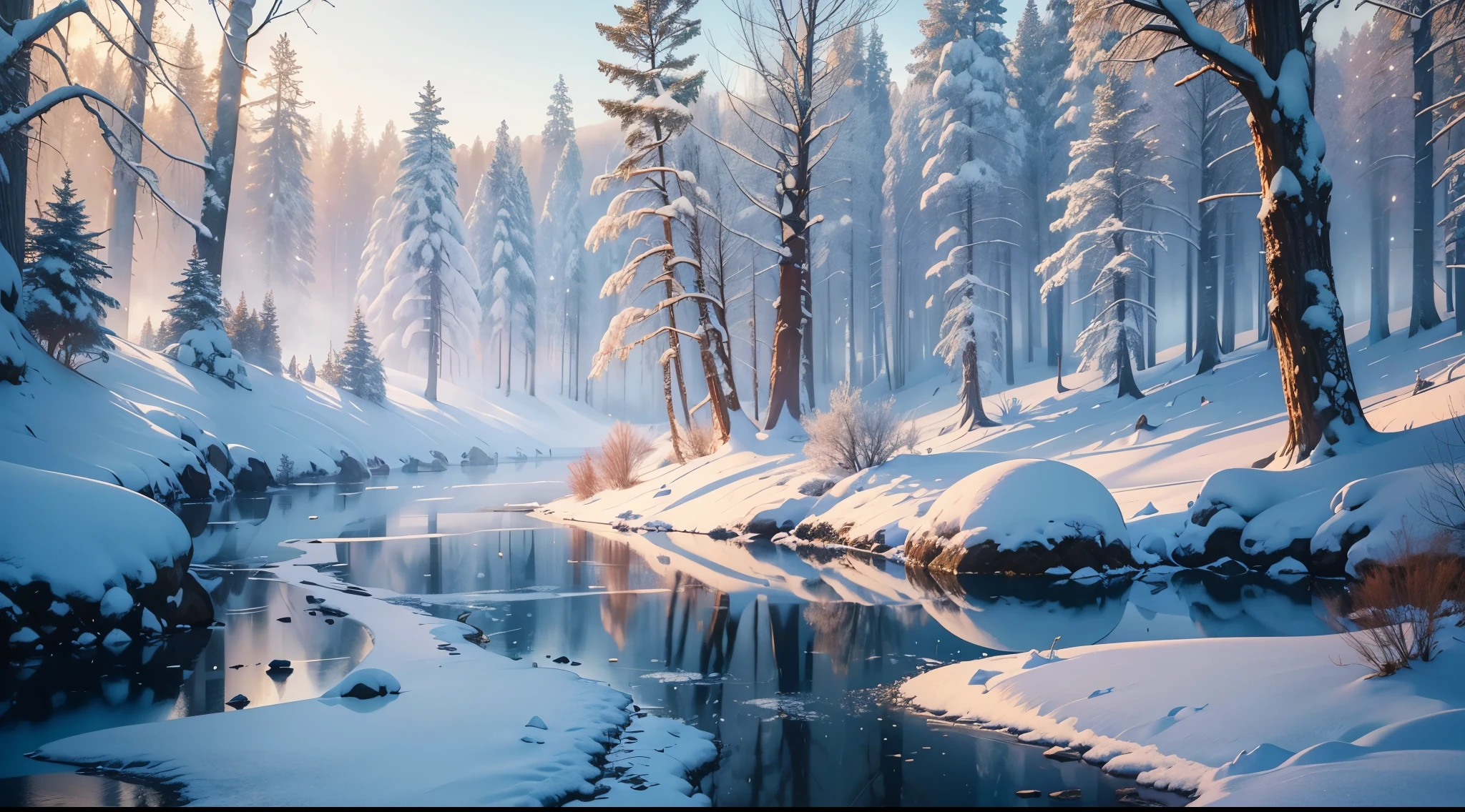 (best quality,4k,8k,highres,masterpiece:1.2),ultra-detailed,(realistic,photorealistic,photo-realistic:1.37),enchanted,winter morning frosty landscape,river,hoarfrost,forest,stunning,blue sky,air transparency,glistening snow,sunlight glimmers.
