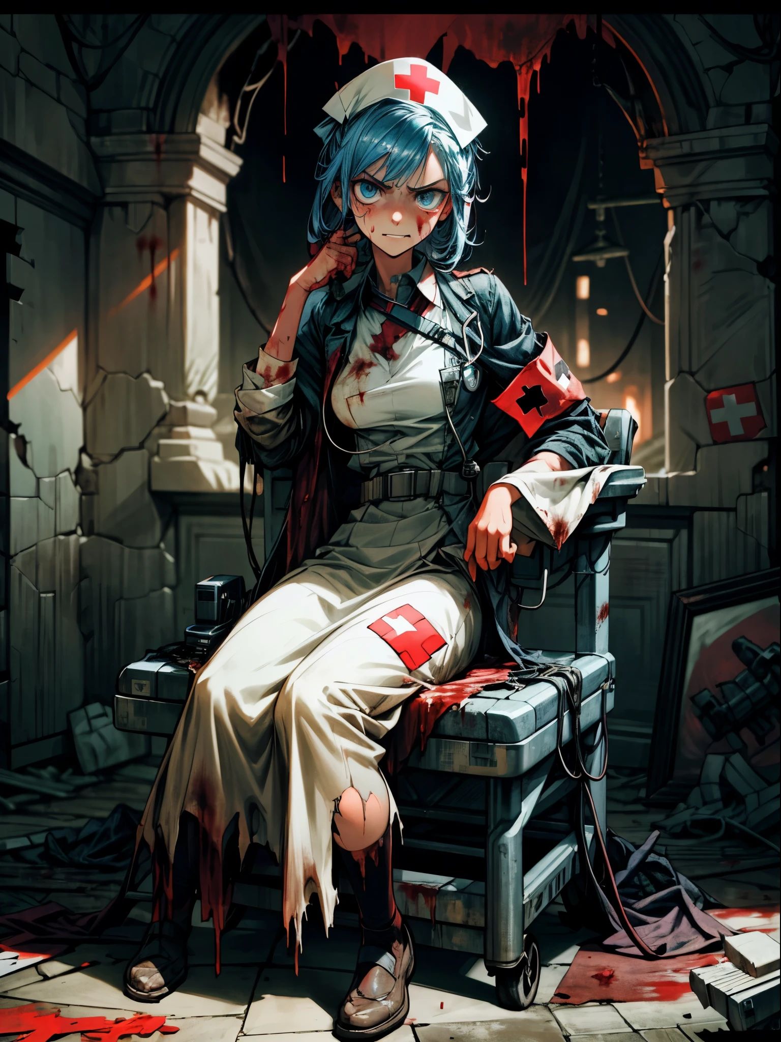 Masterpiece in maximum 16K resolution, macabre Silent Hill style. | A 20-year-old woman, wears a nurse outfit all in white, now dirty, torn, and stained with blood. Her body shows signs of exertion, covered in sweat, as she gazes at the viewer with a determined look and an evil smile. Her short, blue hair with a voluminous fringe in front of her right eye is complemented by a macabre nurse cap, boasting a red cross in the center. Amidst a deteriorated, dirty, and macabre hospital filled with destroyed hospital machines, old and broken beds, bloody demons, macabre altars, rocky structures, leaking pipes, and ruined computers. The Silent Hill style permeates the scene, immersing it in a demonic atmosphere of horror and terror. | The composition of the scene emphasizes decay and horror, using dark angles and play of light and shadow to intensify the macabre atmosphere. Details such as blood on the costumes, the sinister facial expression of the character, and the destruction of the hospital contribute to creating a visually impactful experience. | Scene of a macabre woman in a nurse outfit, immersed in a Silent Hill environment full of demons and destruction, with her determined gaze and evil smile. | {The camera is positioned very close to her, revealing her entire body as she adopts an angry_poseas, interacting with and leaning on a structure in the scene in an exciting way} | She is adopting an ((angry_poseas interacts, boldly leaning on a structure, leaning back in an exciting way):1.3), ((perfect_pose)), ((full body)), perfect_fingers, perfect_legs, “More Detail”