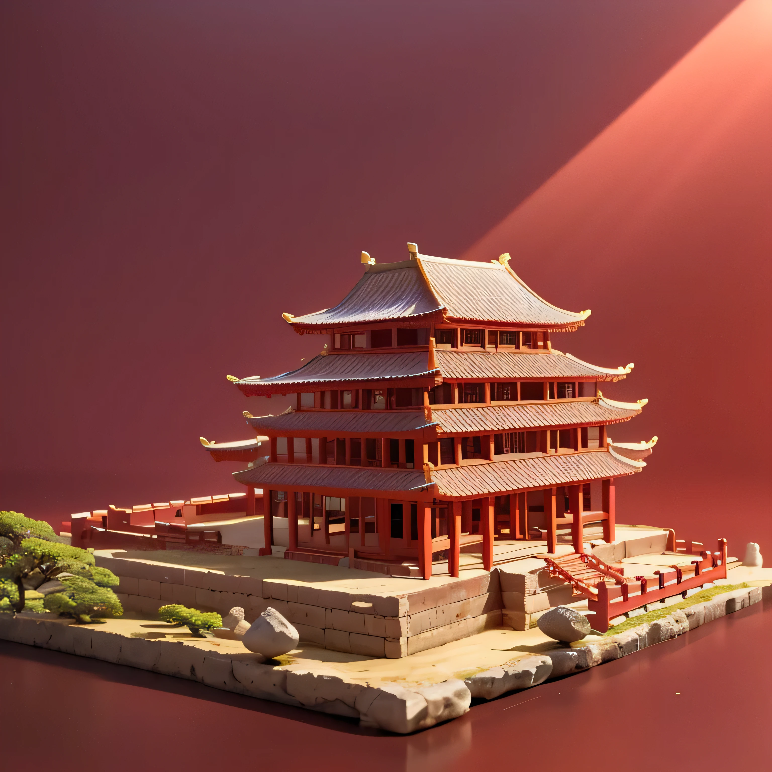 ancient buildings of China，golden red island，a gorgeous，white backgrounid，Studio lighting