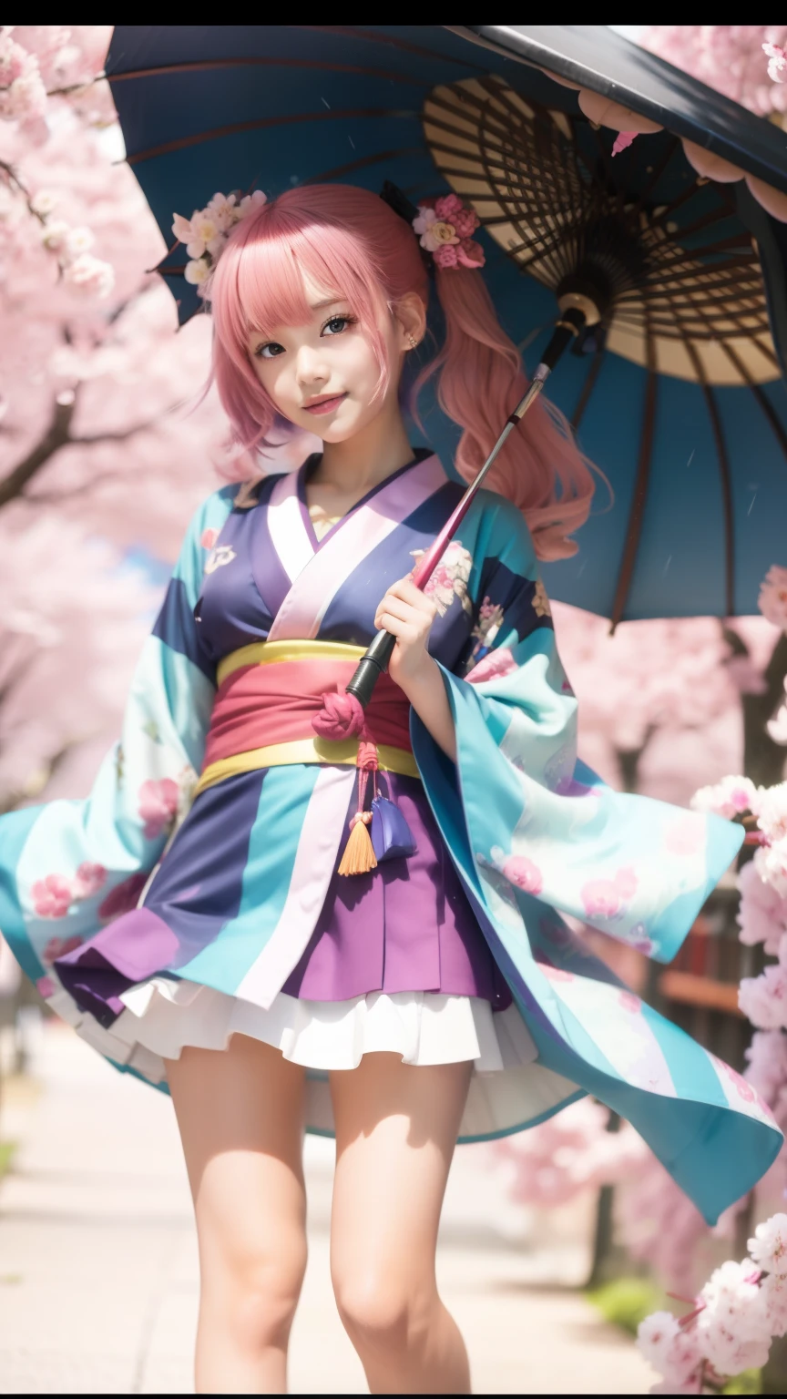 Esbian with an amazing female idol body、、red purple miniskirt kimono、、Pink hair、Good Style、Japanese umbrella、rain is falling、cherry trees