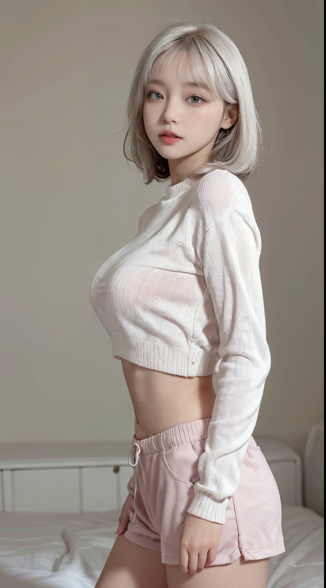 Top image quality、Raw photography、超A high resolution、21-year-old Korean、韓国アイドル、small tits、Dynamic angles、Cowboy Shots、The most beautiful forms chaos、elegent、Brutalist design、Beautiful white hair、a short bob、smil、shiny white skin、Beautiful eyes with random colors、Very beautiful eyes down to the details、elongated eyes、thin lipss、pale pink blush、long eyeslashes、beautiful double eyelid、eyeshadows、large sweater、hotpants、Large park、shot from a side angle、sexy pose