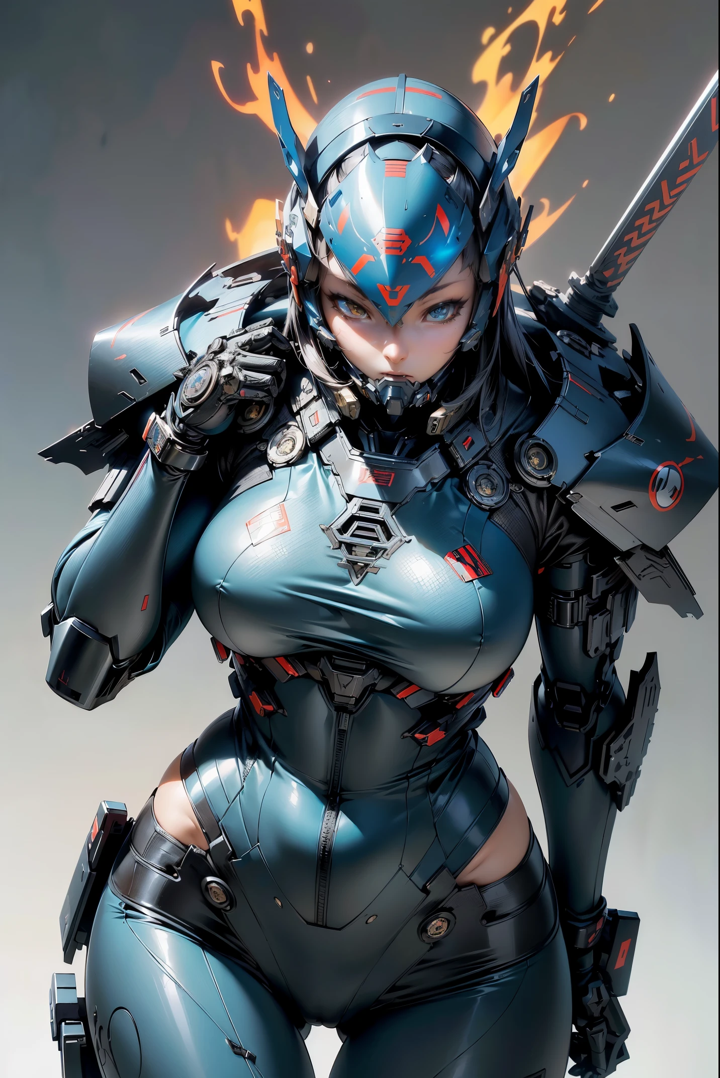 (masutepiece,Extremely detailed, Heavy mechs, hard surface),(Concept art:1.1),(Gundam Style:0.8), A woman wearing samurai cyber armor holds a sword,(tactical helmet),(blue body:1.1),(long legged:1.1),(A detailed eye:1.3),(A detailed face:1.3),(Detailed weapons:1.3),(Detailed body:1.3),(full bodyesbian:1.5),(Background is flame),逼真