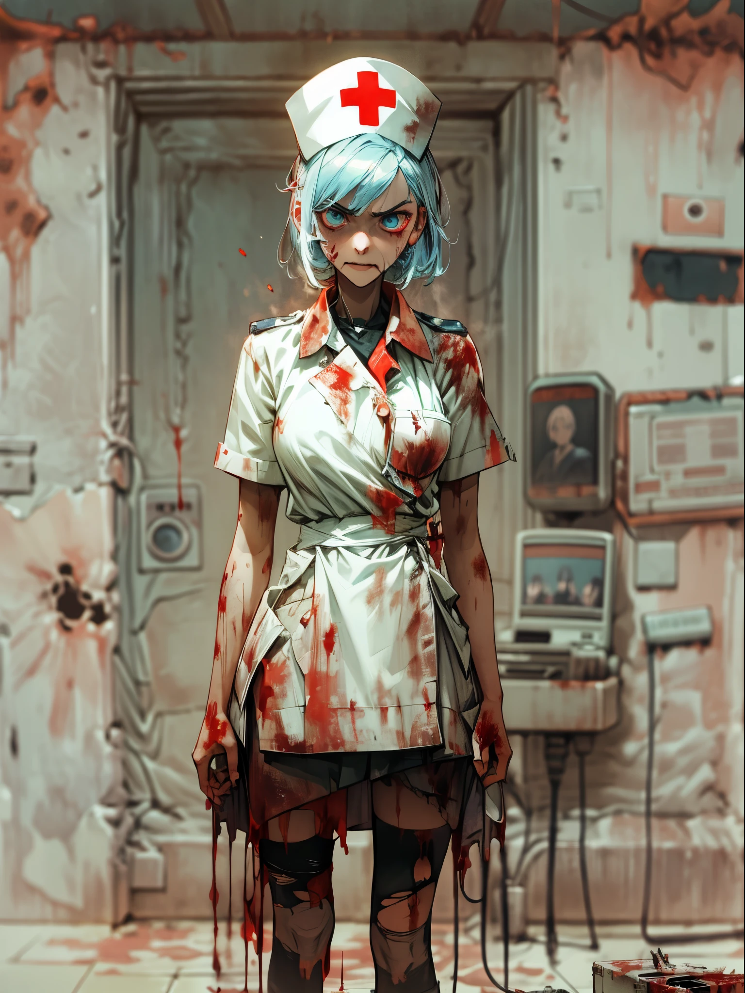 Masterpiece in maximum 16K resolution, macabre Silent Hill style. | A 20-year-old woman, wears a nurse outfit all in white, now dirty, torn, and stained with blood. Her body shows signs of exertion, covered in sweat, as she gazes at the viewer with a determined look and an evil smile. Her short, blue hair with a voluminous fringe in front of her right eye is complemented by a macabre nurse cap, boasting a red cross in the center. Amidst a deteriorated, dirty, and macabre hospital filled with destroyed hospital machines, old and broken beds, bloody demons, macabre altars, rocky structures, leaking pipes, and ruined computers. The Silent Hill style permeates the scene, immersing it in a demonic atmosphere of horror and terror. | The composition of the scene emphasizes decay and horror, using dark angles and play of light and shadow to intensify the macabre atmosphere. Details such as blood on the costumes, the sinister facial expression of the character, and the destruction of the hospital contribute to creating a visually impactful experience. | Scene of a macabre woman in a nurse outfit, immersed in a Silent Hill environment full of demons and destruction, with her determined gaze and evil smile. | {The camera is positioned very close to her, revealing her entire body as she adopts an angry_poseas, interacting with and leaning on a structure in the scene in an exciting way} | She is adopting an ((angry_poseas interacts, boldly leaning on a structure, leaning back in an exciting way):1.3), ((perfect_pose)), ((full body)), perfect_fingers, perfect_legs, “More Detail”