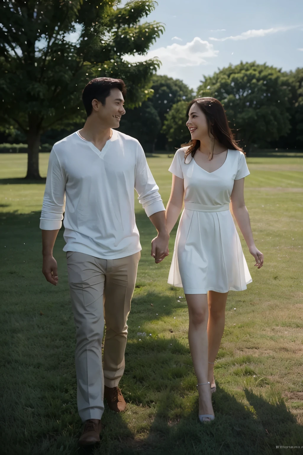 They walked hand in hand on the grass, The background is a blue sky,husband and wife walking hand in hand, man and woman walking together, lovely husband and wife, romantic husband and wife, ruan jia and brom, Still in the movie, happy husband and wife, photo 1 5 mm, smiling husband and wife, Still in the movie, husband and wife, wearing white clothes, looking at each other passionately, promotional movie still